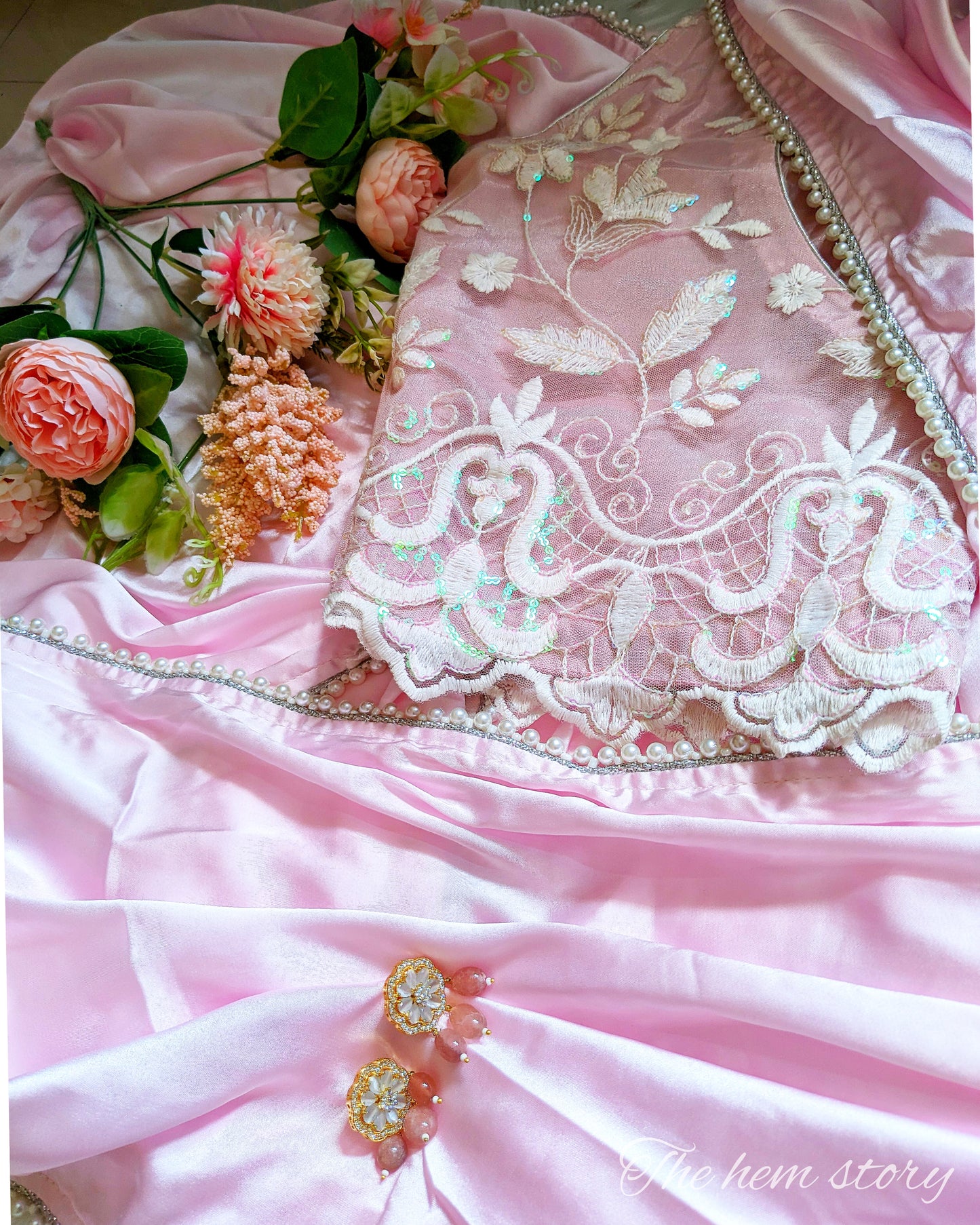 JASHN -Pastel Pink Satin saree with inticate pearl borders