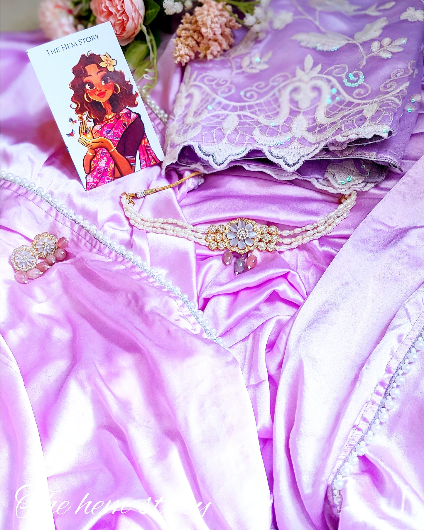 JASHN -Snowy Soft Lavender Satin Saree With Inticate Pearl Borders