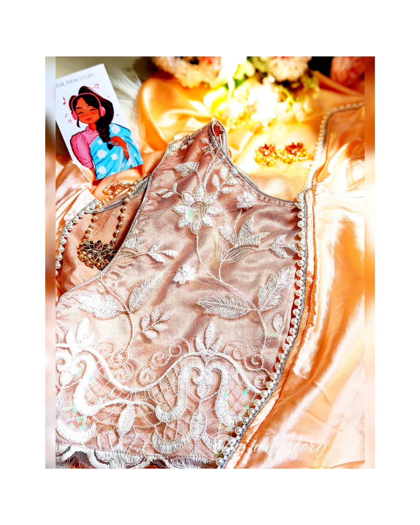 JASHN -Pastel Orange Satin Saree With Inticate Pearl Borders