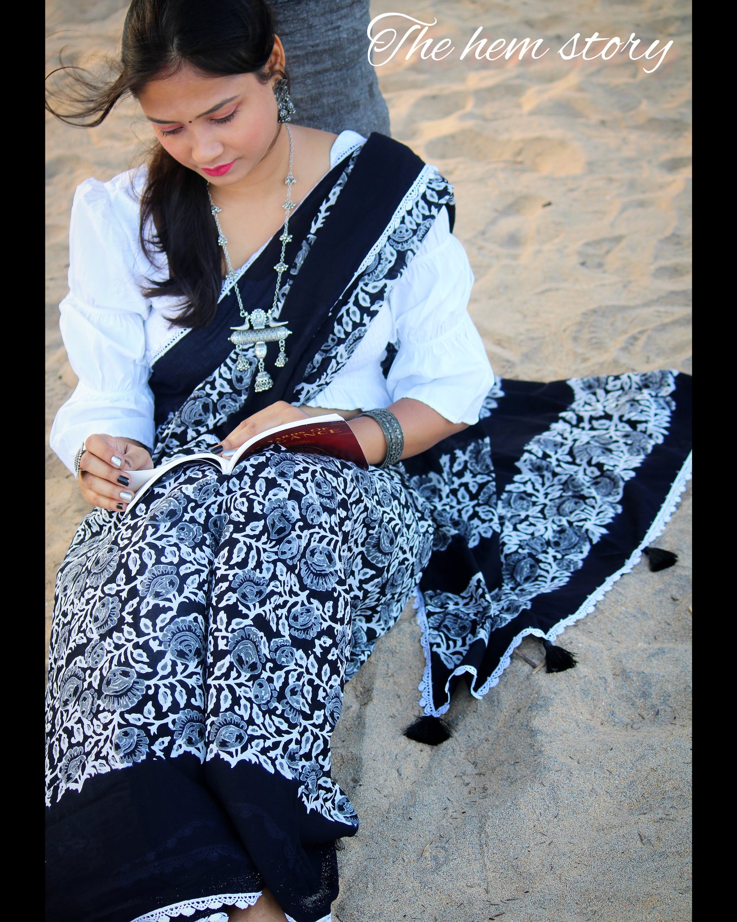 COTTON TALES- Pure Cotton Black Grey Handblock Printed Saree