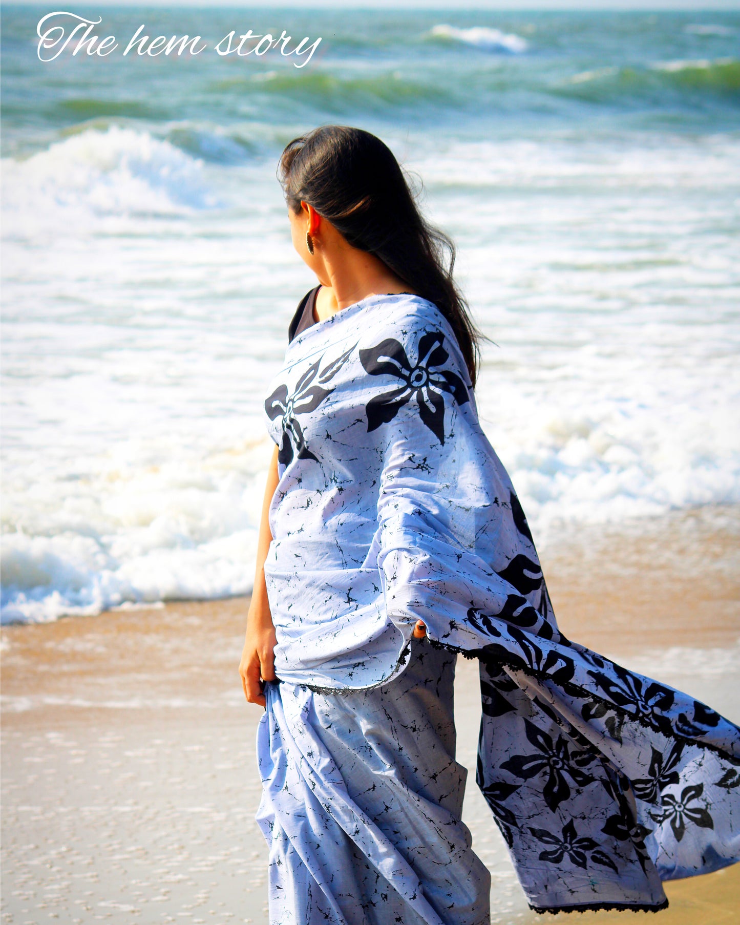 COTTON TALES- Pure Mul Cotton Indigo Floral Handblock Printed Saree