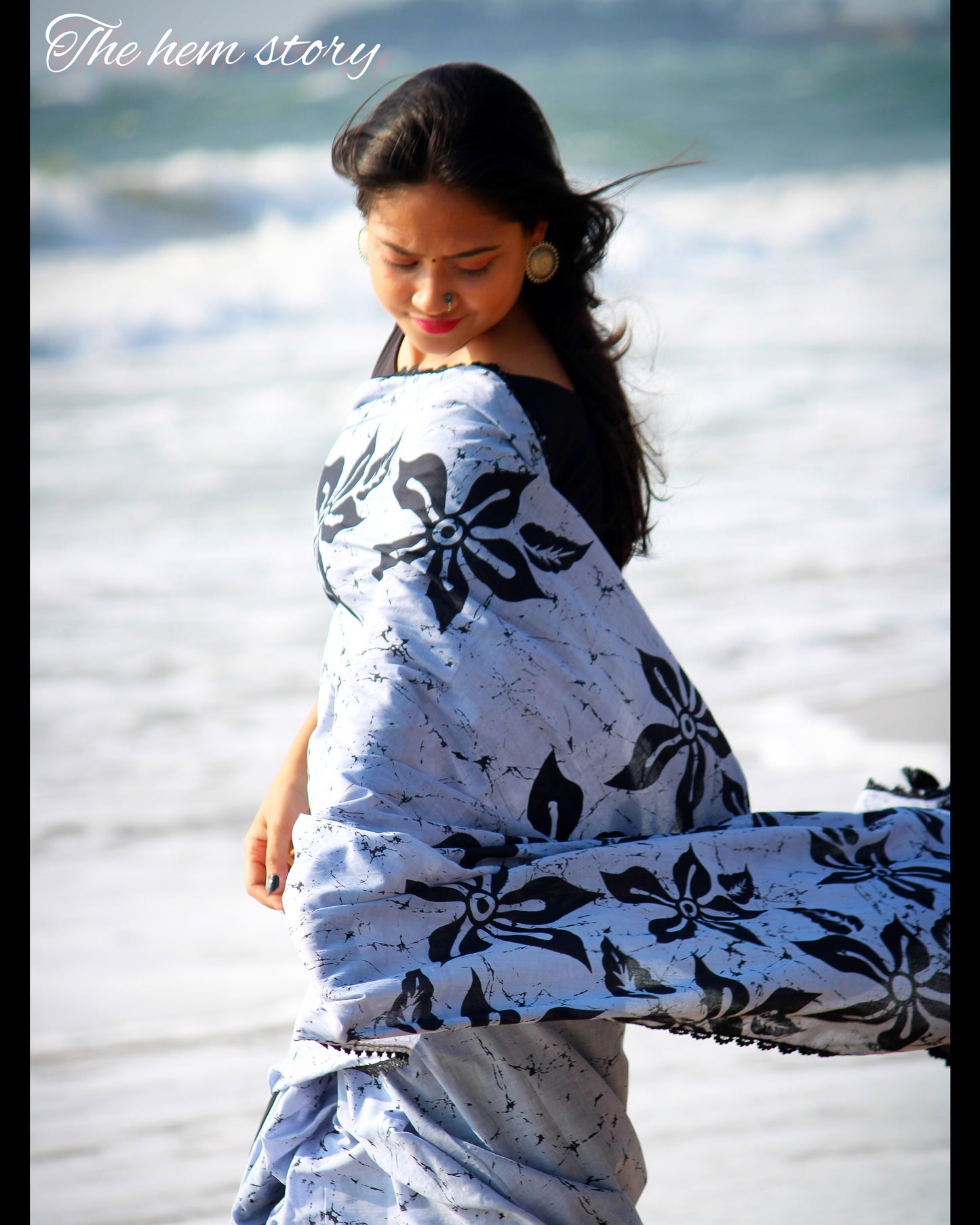 COTTON TALES- Pure Mul Cotton Indigo Floral Handblock Printed Saree