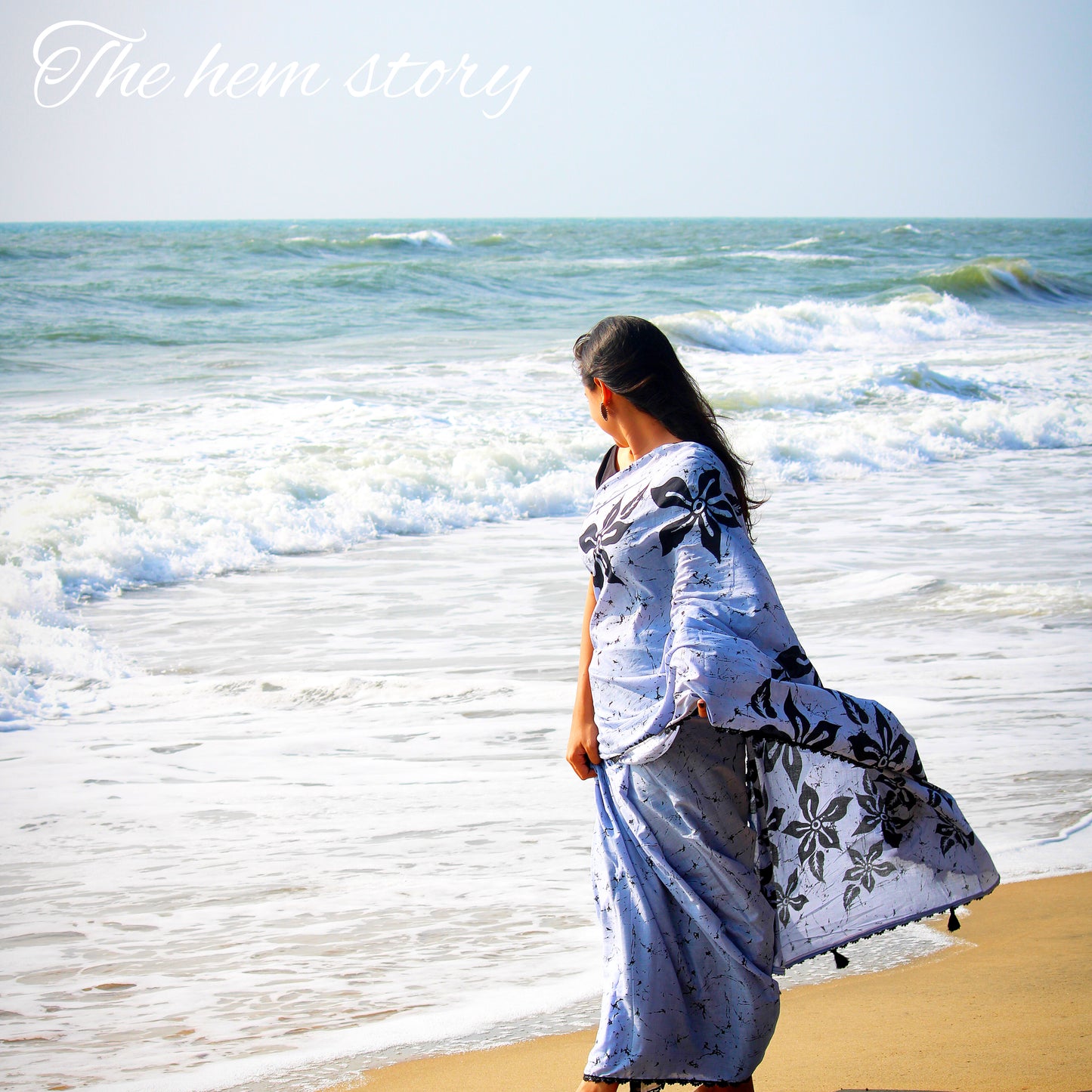 COTTON TALES- Pure Mul Cotton Indigo Floral Handblock Printed Saree