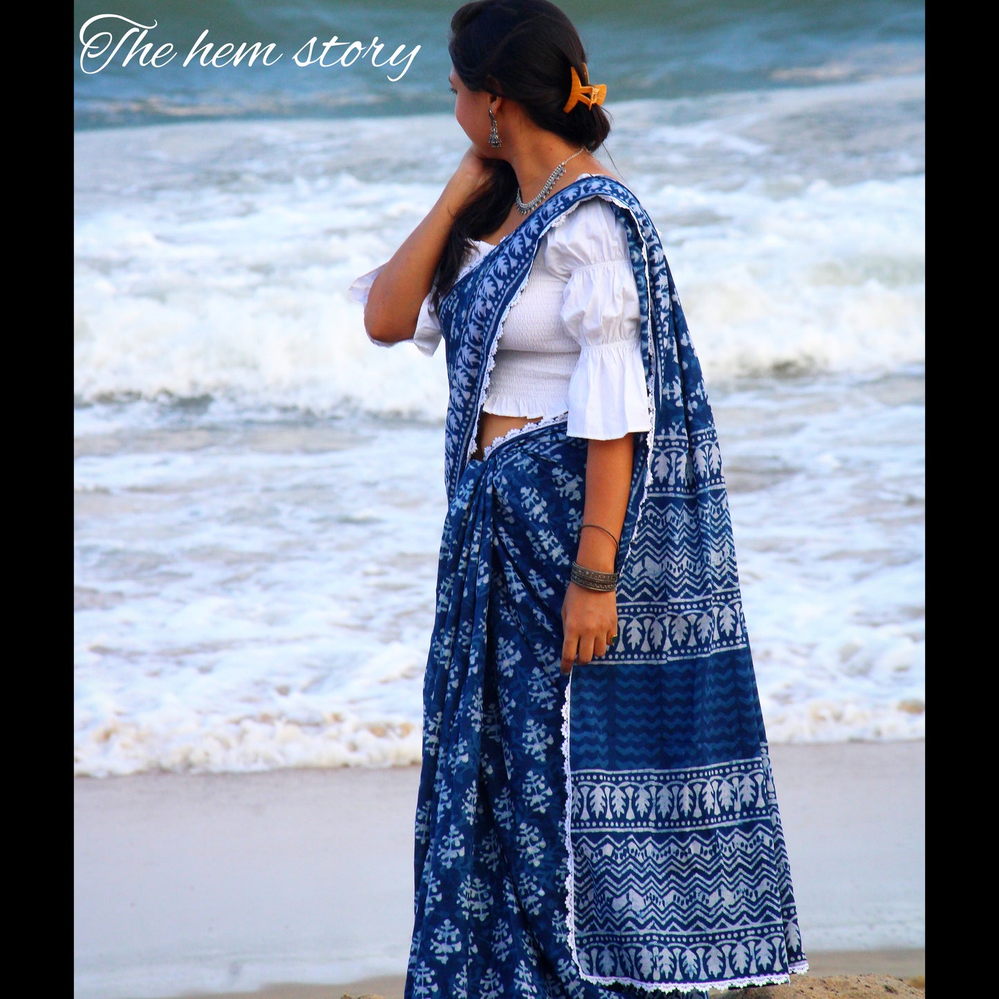 COTTON TALES- Indigo Handblock Printed Pure Cotton Saree