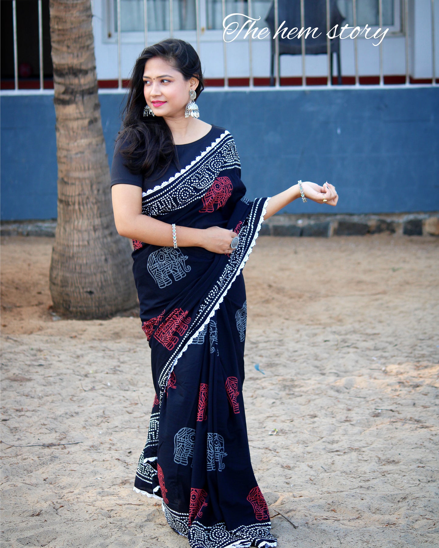 COTTON TALES- Pure Mul Cotton Elephant Handblock Printed Saree