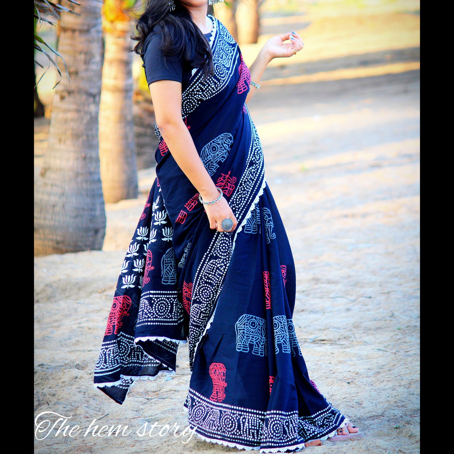 COTTON TALES- Pure Mul Cotton Elephant Handblock Printed Saree