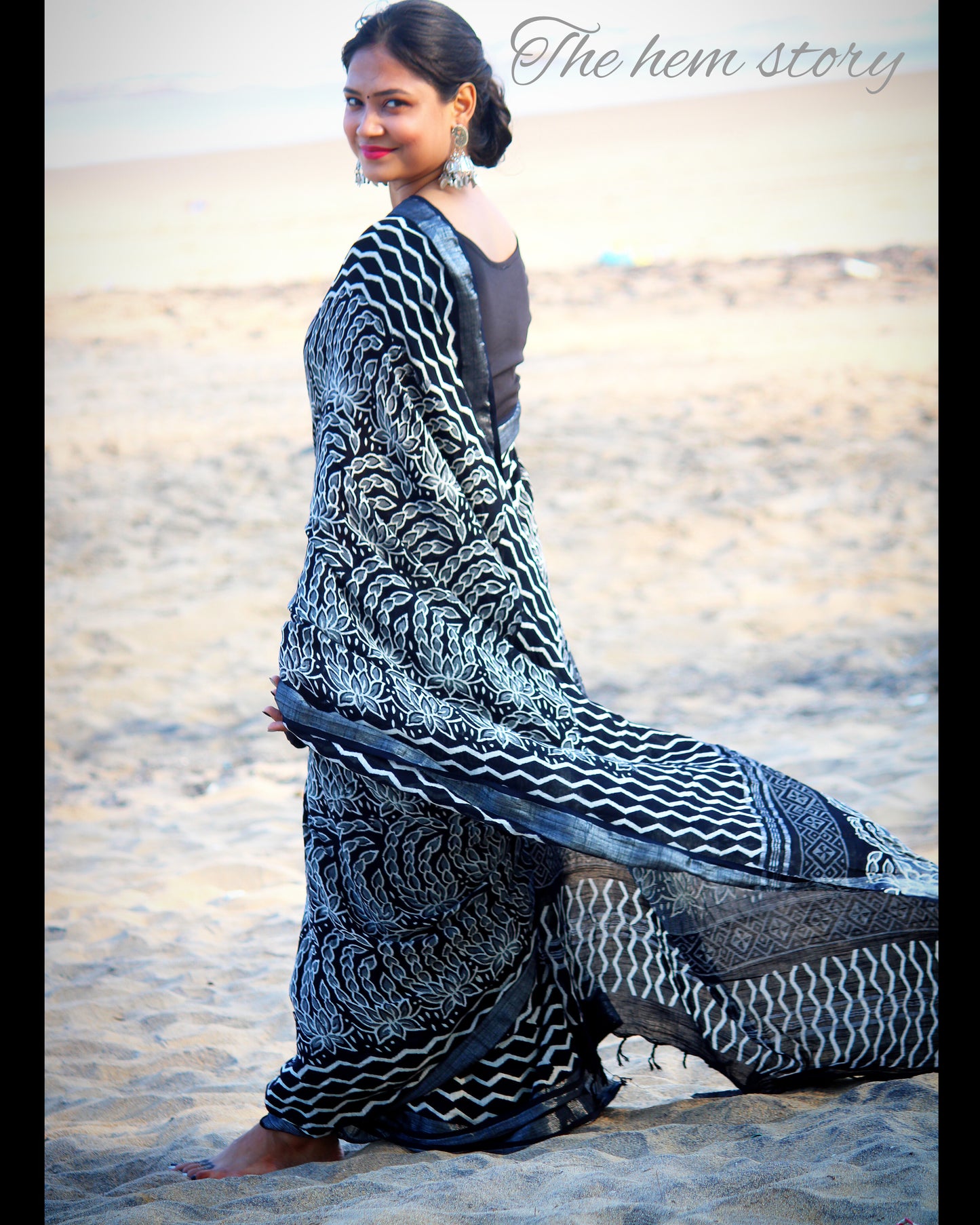 COTTON TALES- Pure Linen Black Handblock Printed Saree