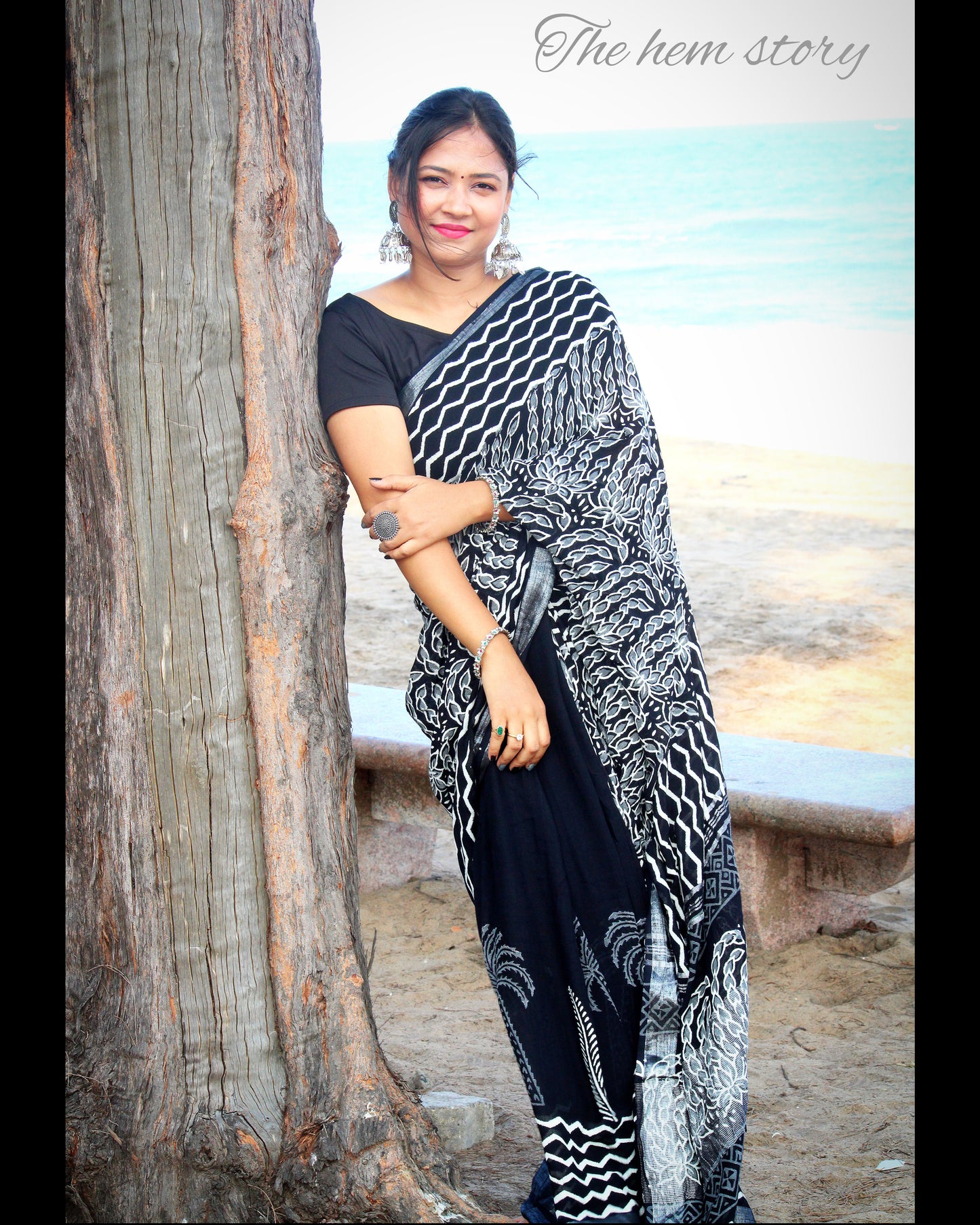 COTTON TALES- Pure Linen Black Handblock Printed Saree