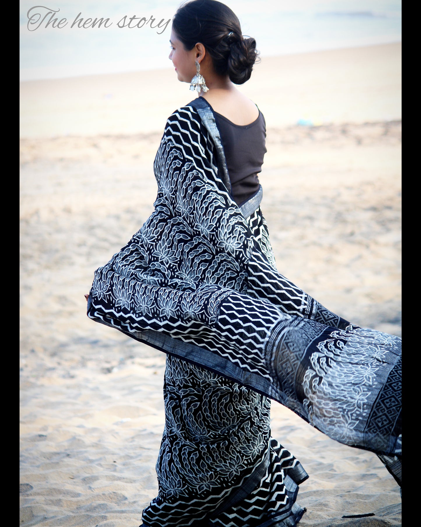 COTTON TALES- Pure Linen Black Handblock Printed Saree