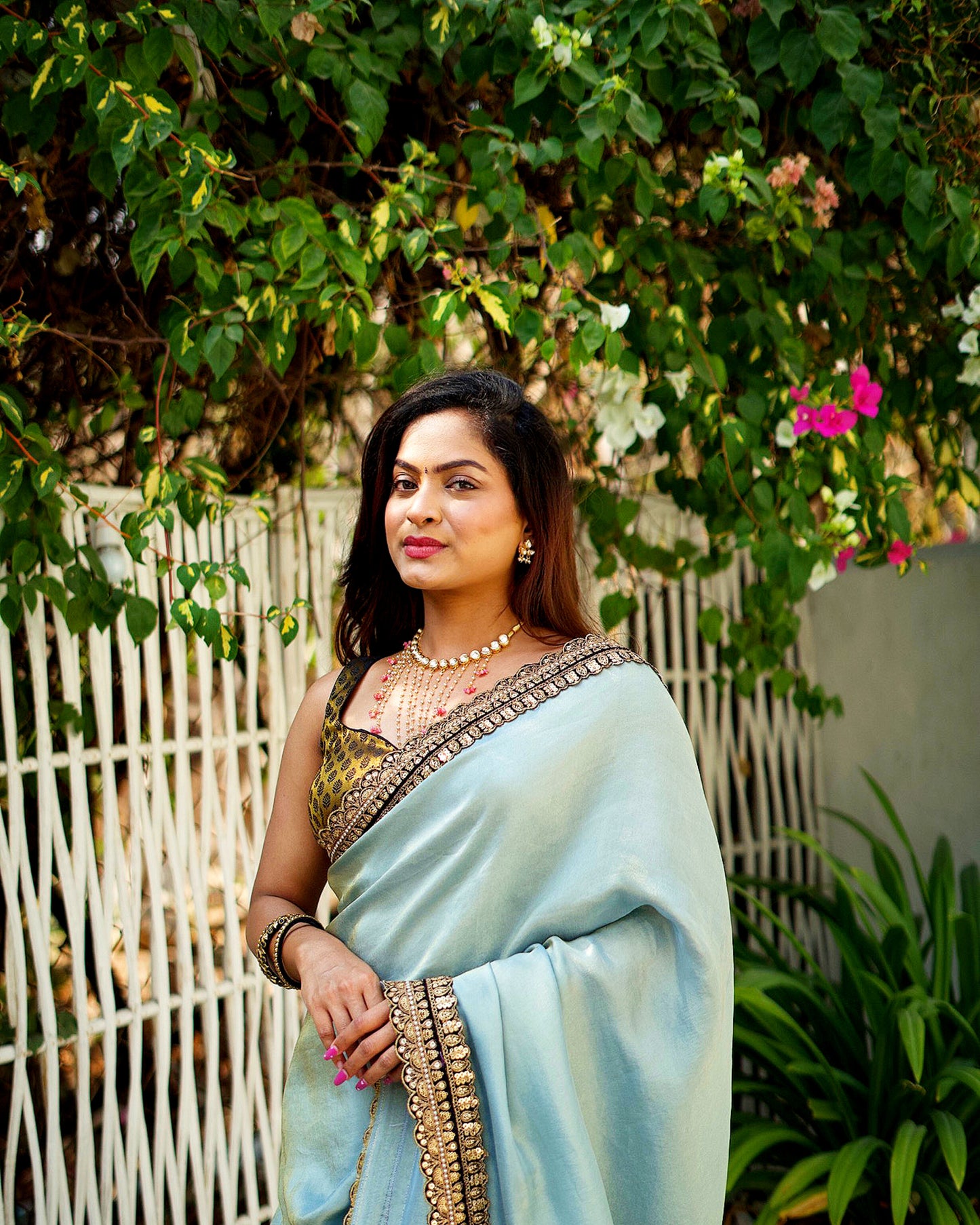 NOOR- Grey Soft Tissue Saree with Intricate Zari Work Borders