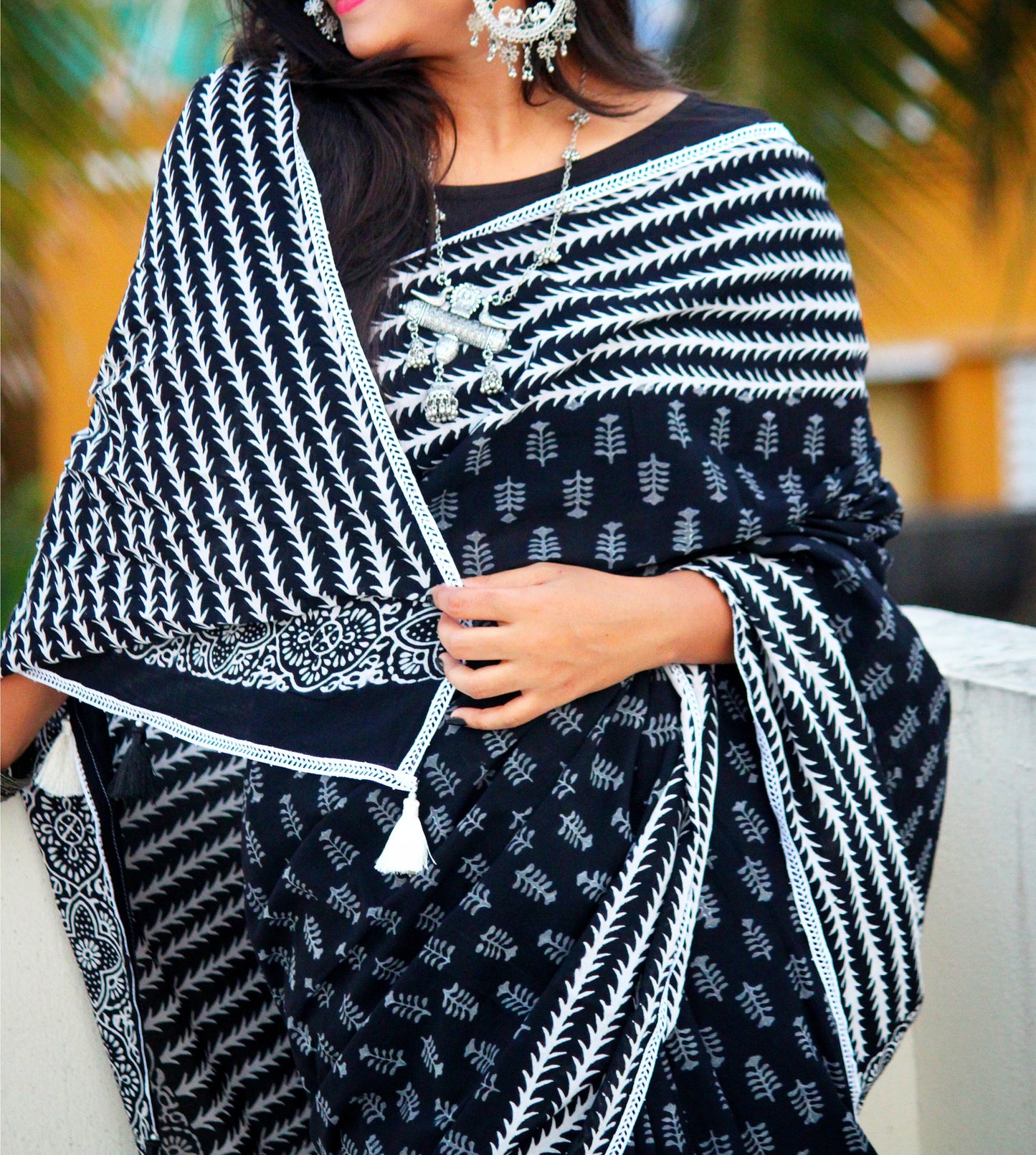 COTTON TALES-Black Handblock Printed Pure Mul Cotton Saree