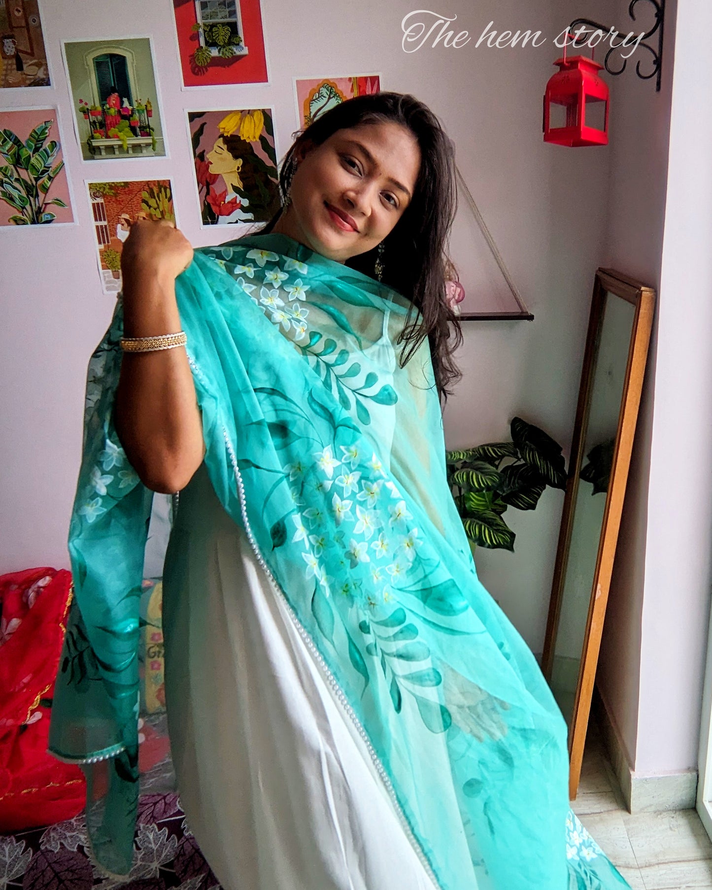 SUIT SET- Aqua blue hand-painted cotton suit set