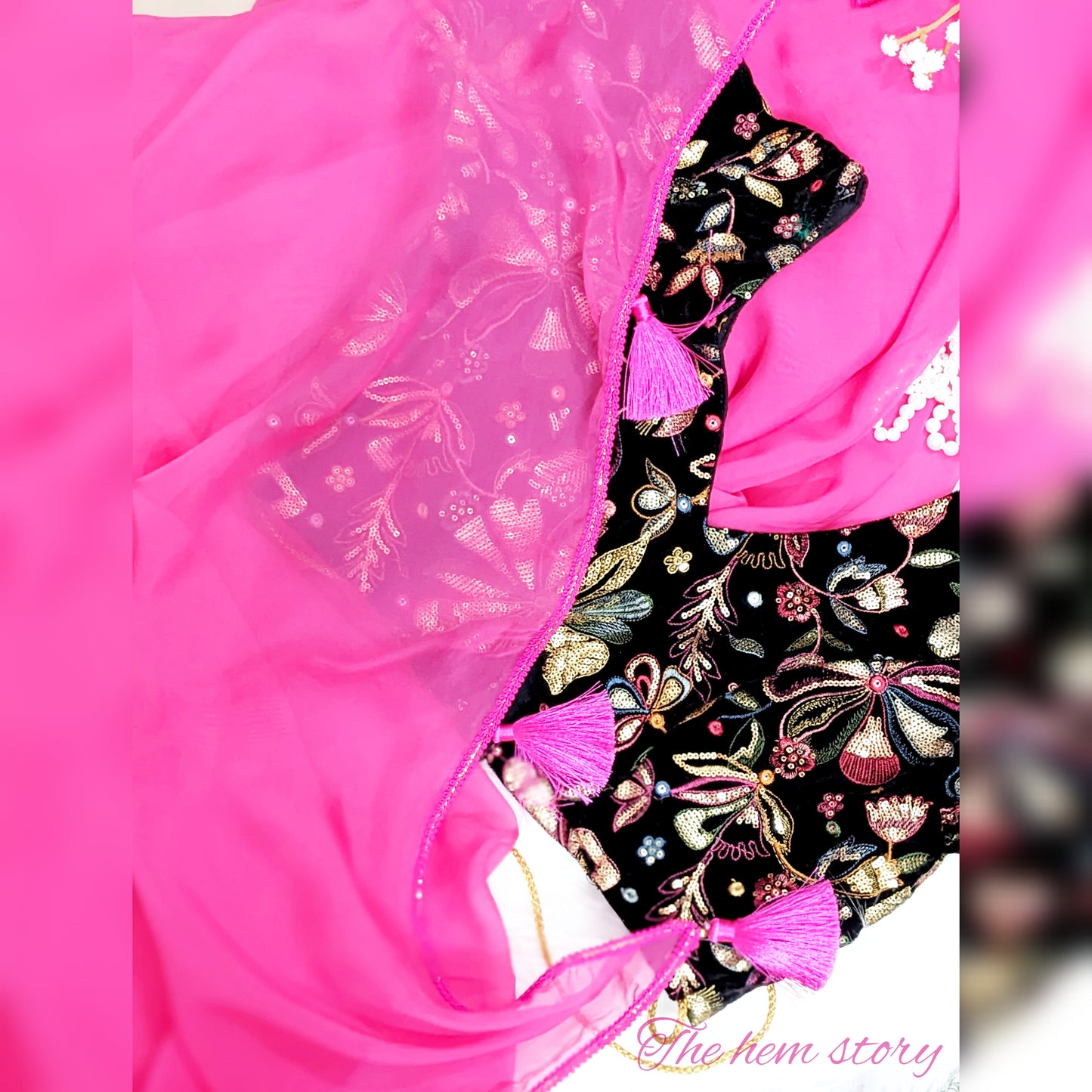 JASHN- Pink Organza Saree With Black Velvet Embroidered Blouse