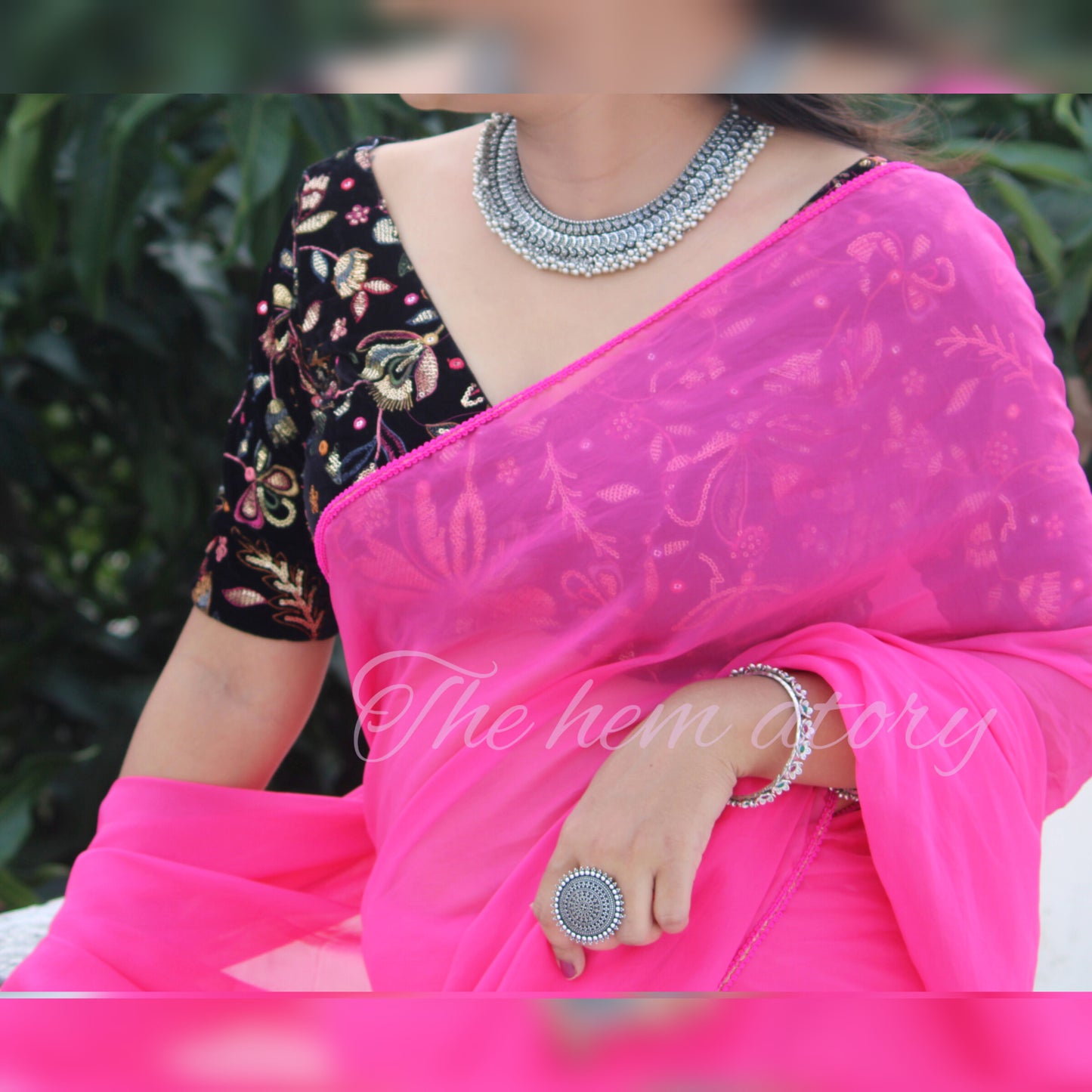JASHN- Pink Organza Saree With Black Velvet Embroidered Blouse