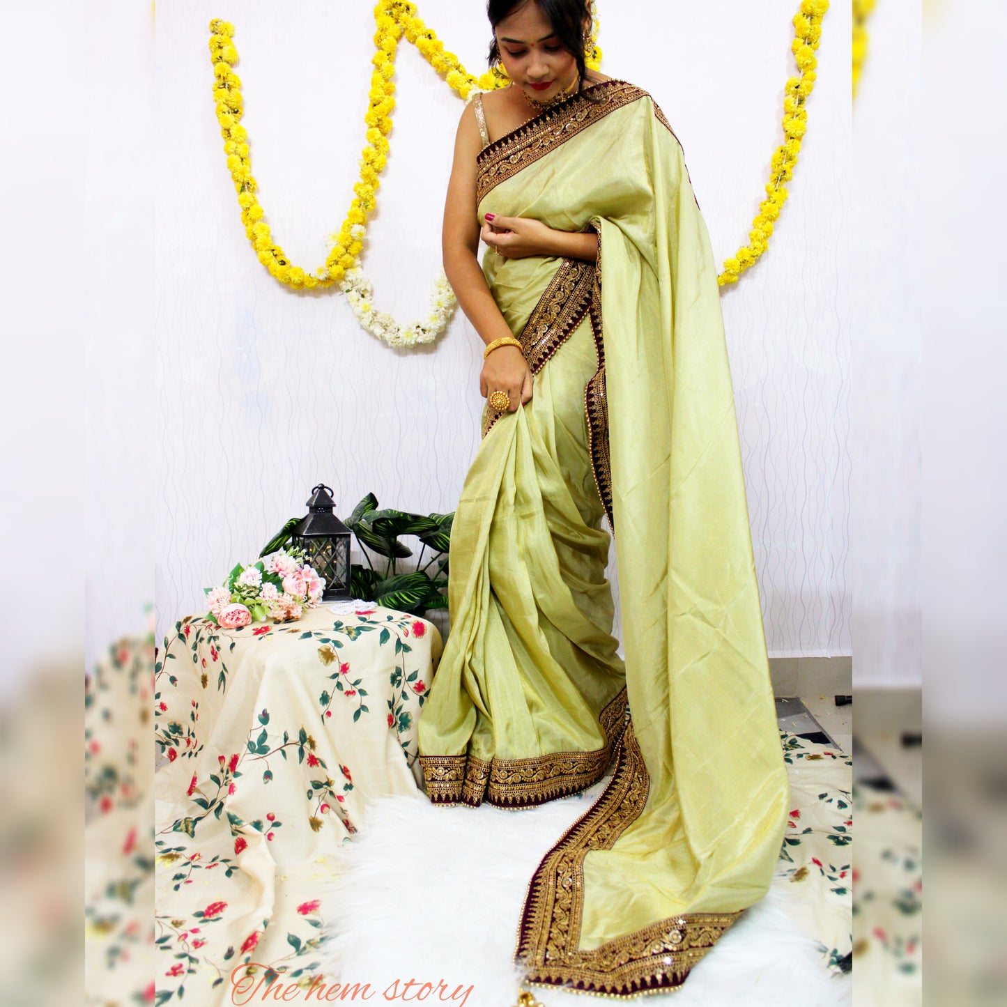NOOR- Champagne Shade Soft Tissue Sari With Zari Work Borders