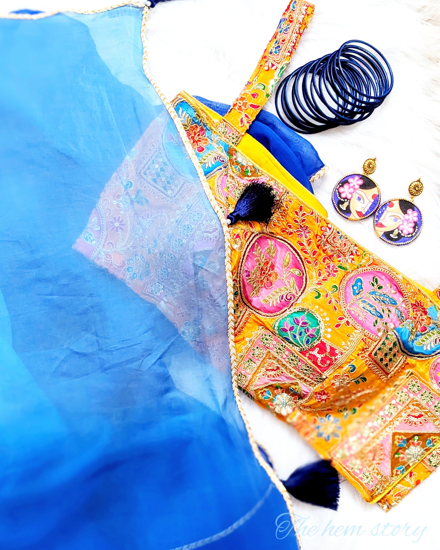 JASHN- Blue Ombre Saree With Yellow Embellished Blouse