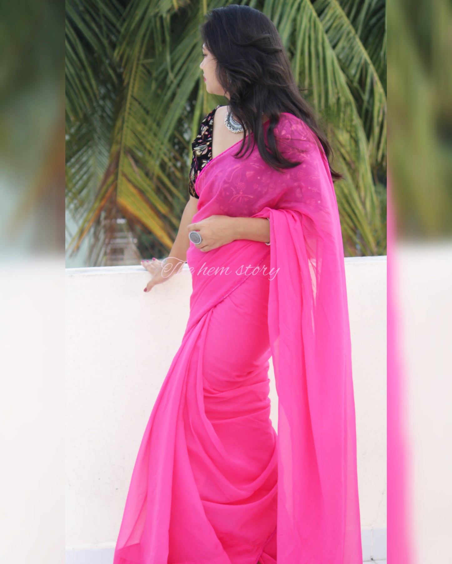 JASHN- Pink Organza Saree With Black Velvet Embroidered Blouse