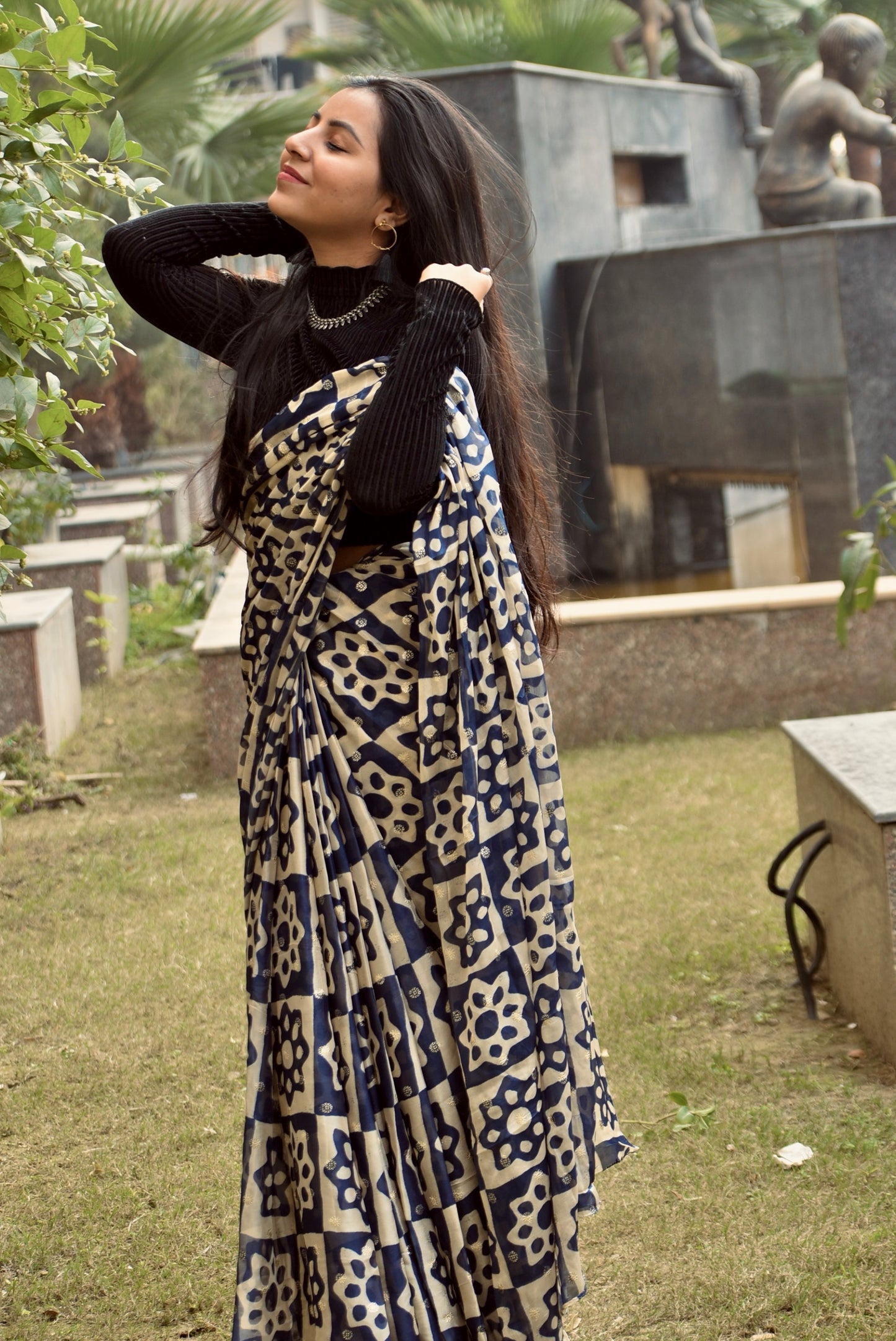 FIZA-Indigo Sequins Work Chinon Silk Saree