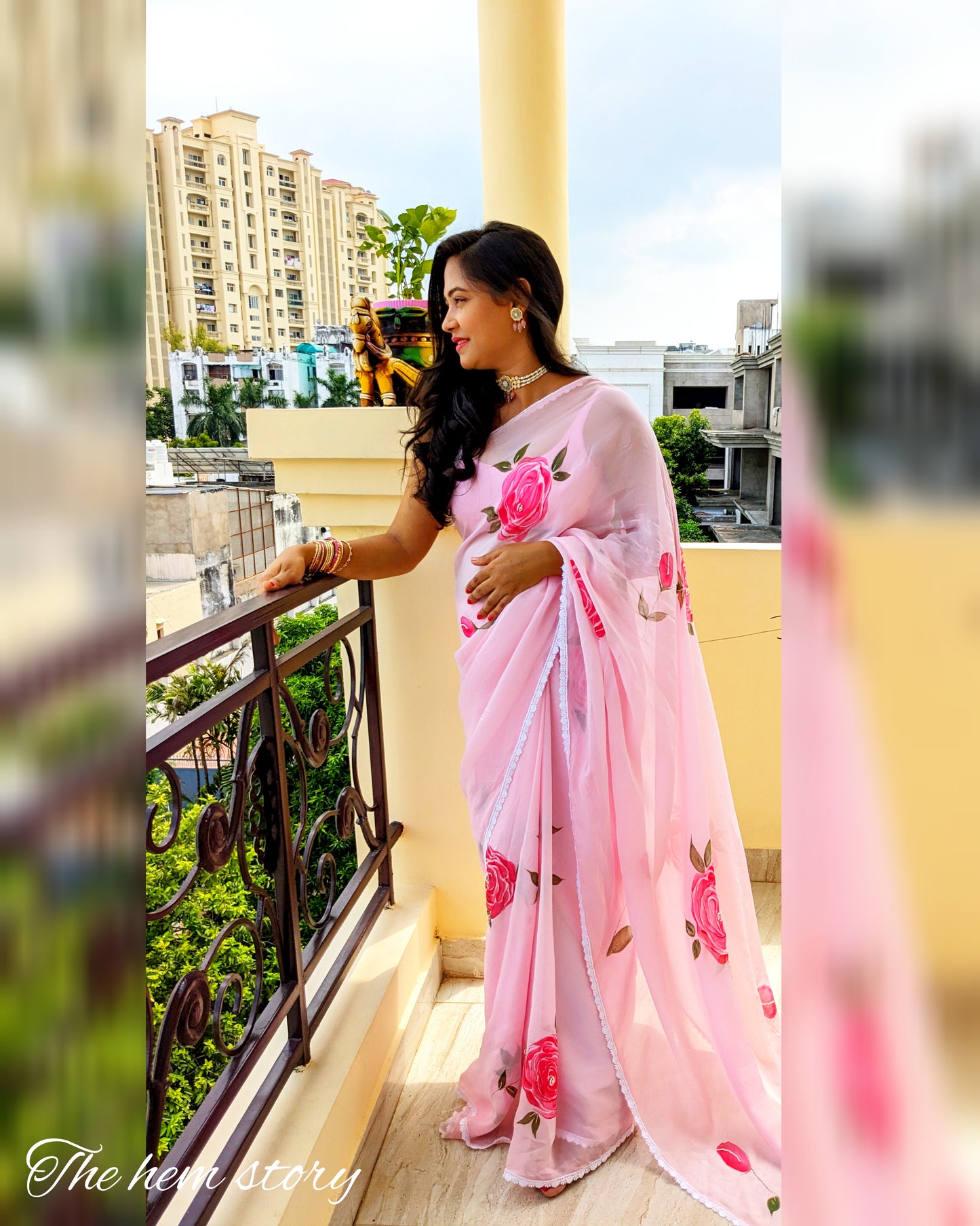 Baby Pink Rose Handpainted Organza Saree