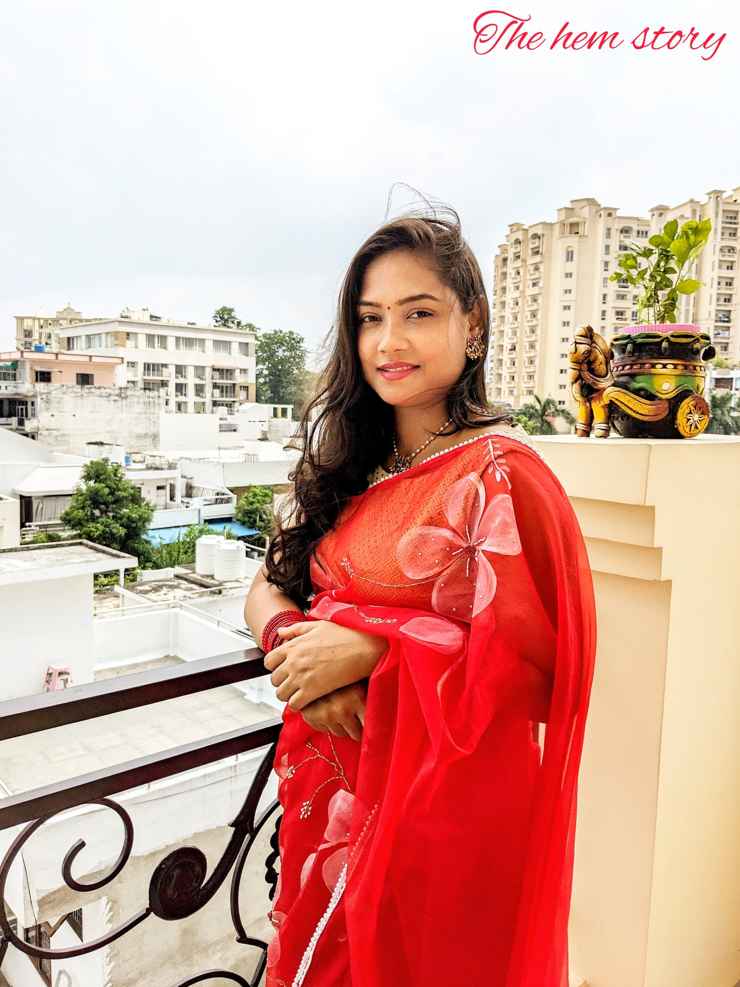 CHITRAKARI- Red Handpainted Organza Saree With Intricate Embroidery