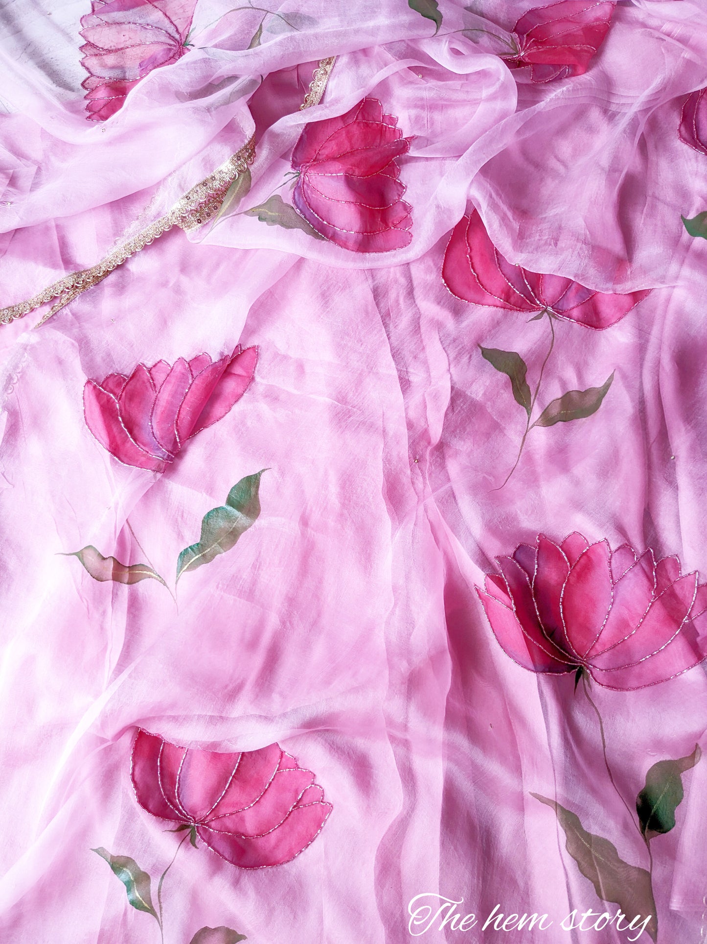 DUPATTAS - Pink Organza Handpainted Lotus Dupatta with Intricate handEmbroidery