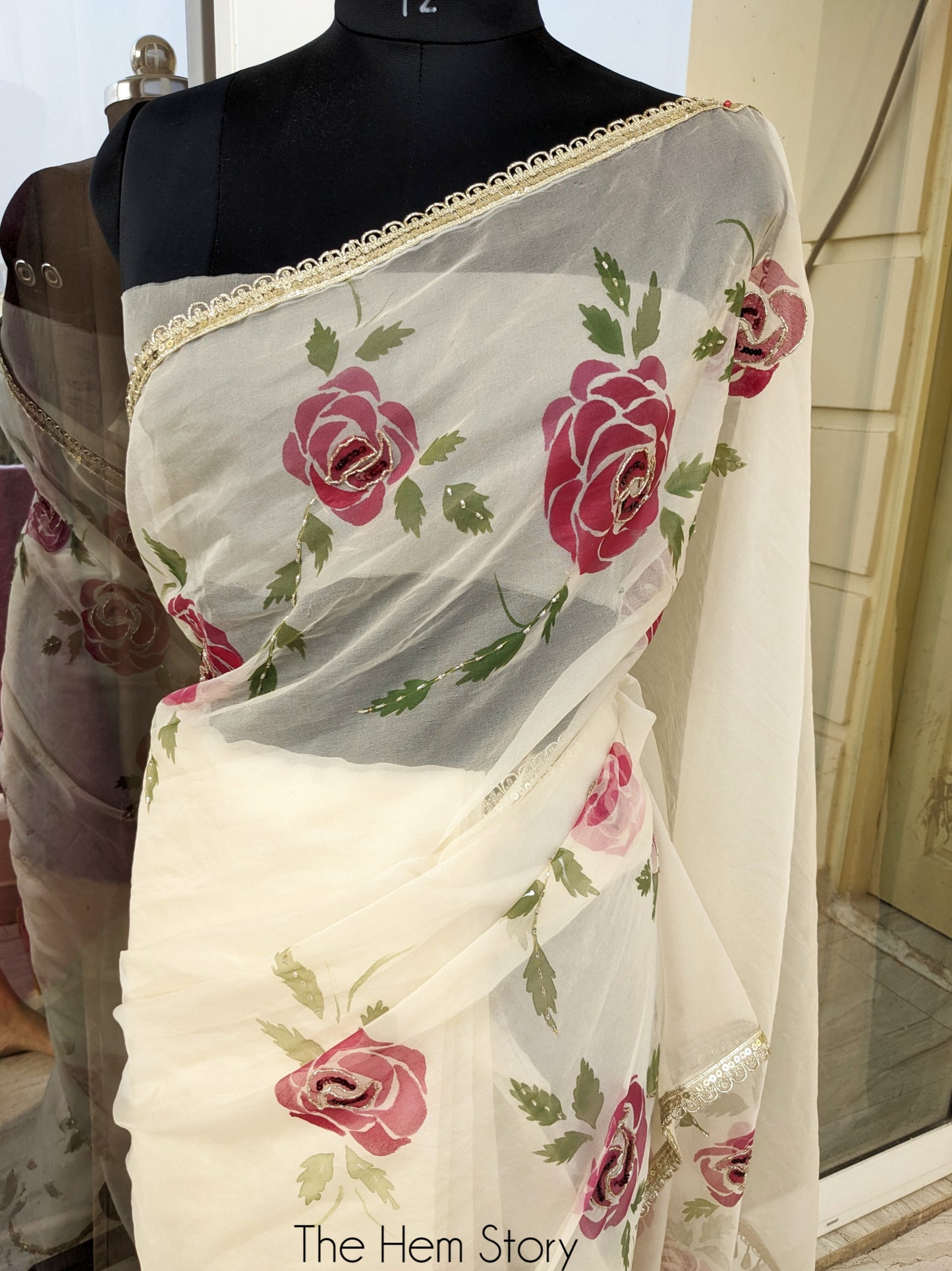 CHITRAKARI- Beige Handpainted Rose Organza Saree With Handwork Detailing