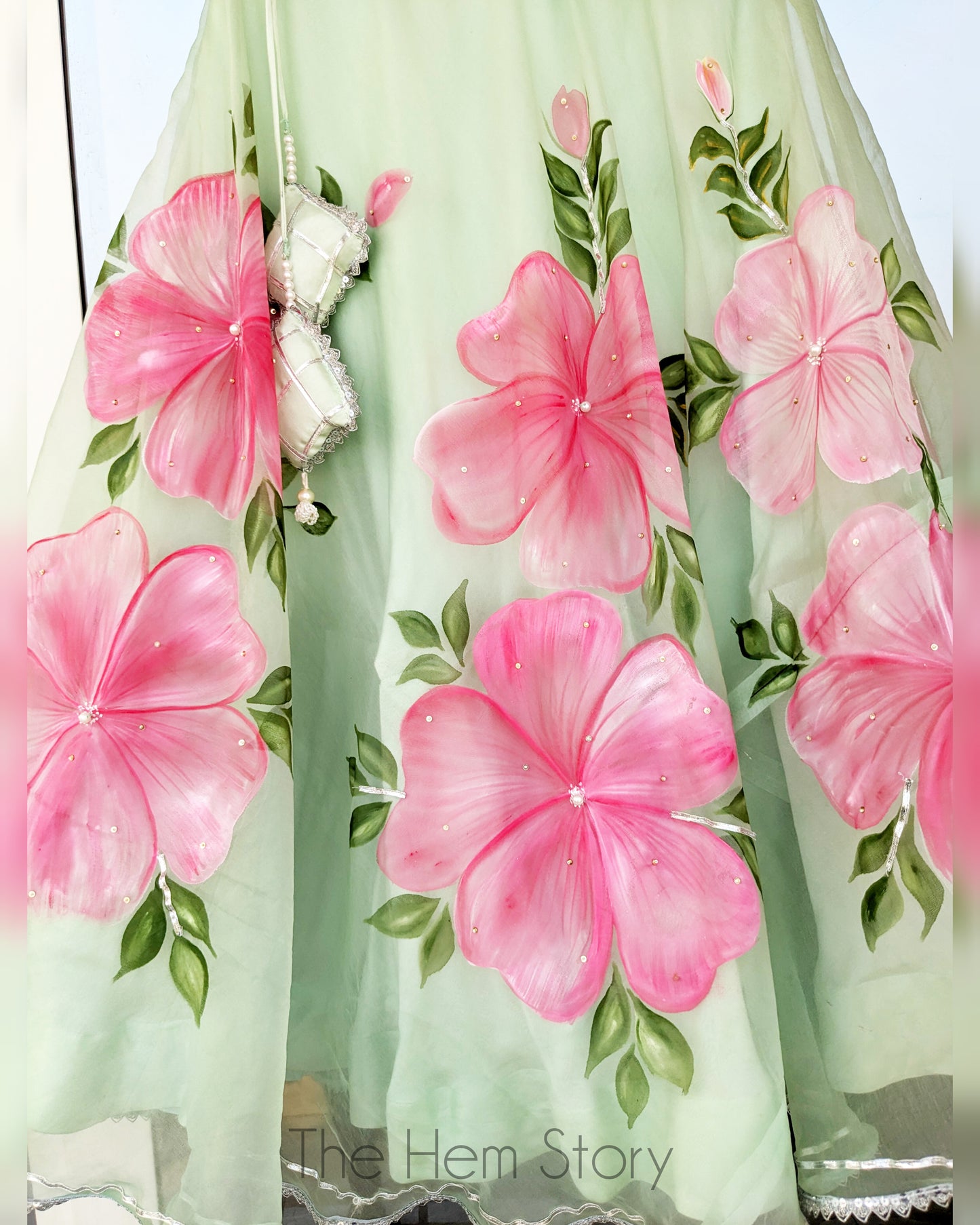 Pastel Green Handpainted Organza Lehenga with Handwork
