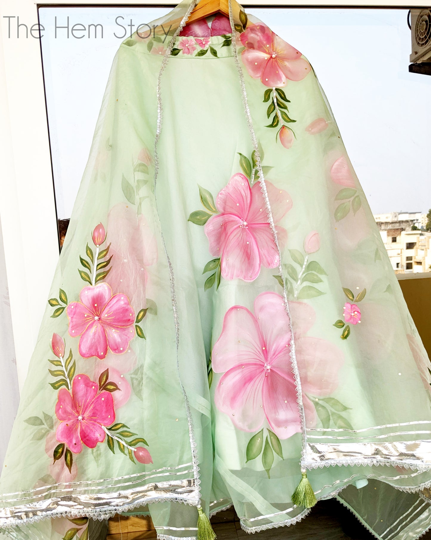 Pastel Green Handpainted Organza Lehenga with Handwork