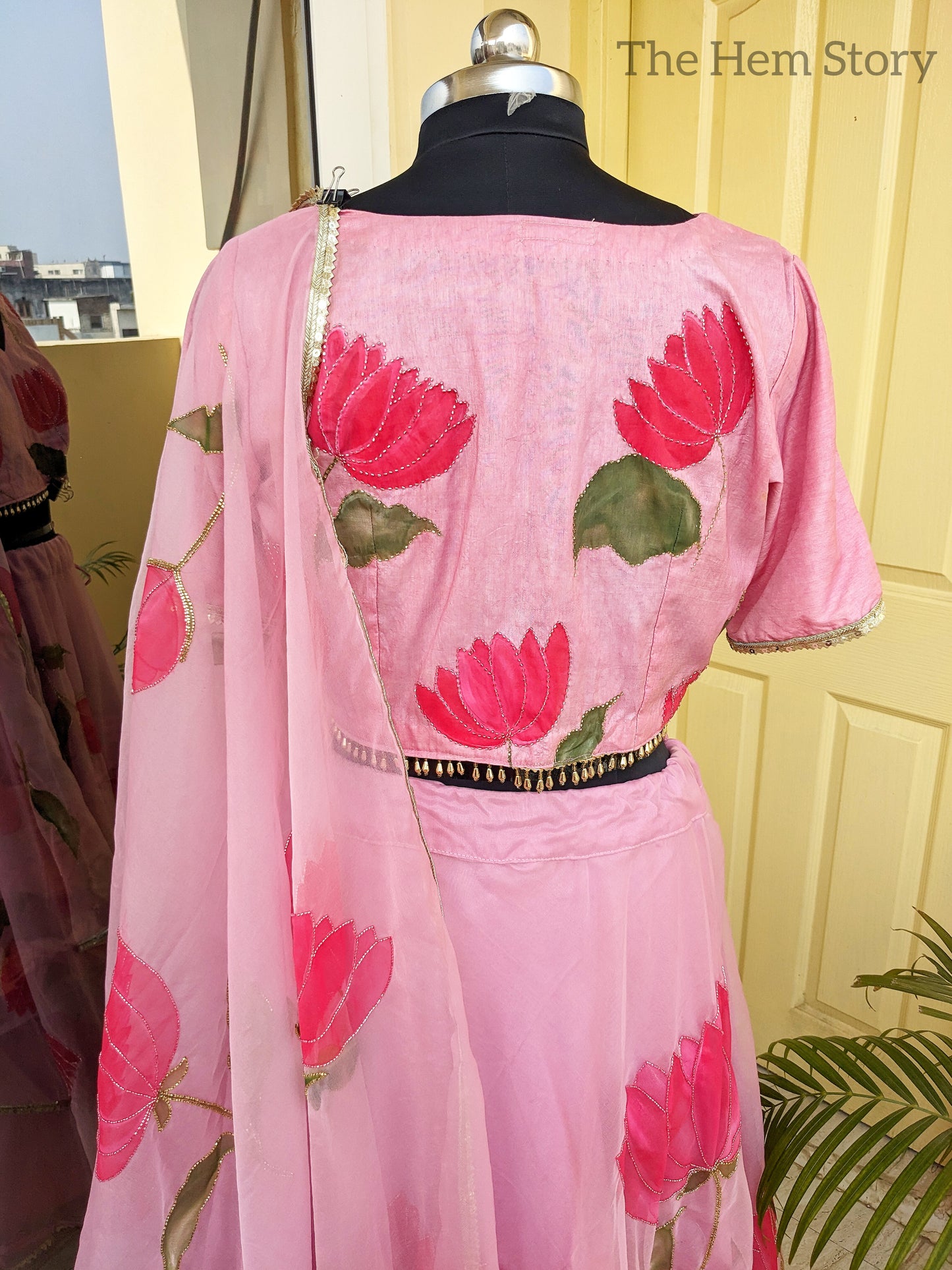 Powder Pink Lotus Handpainted Lehenga with Handwork