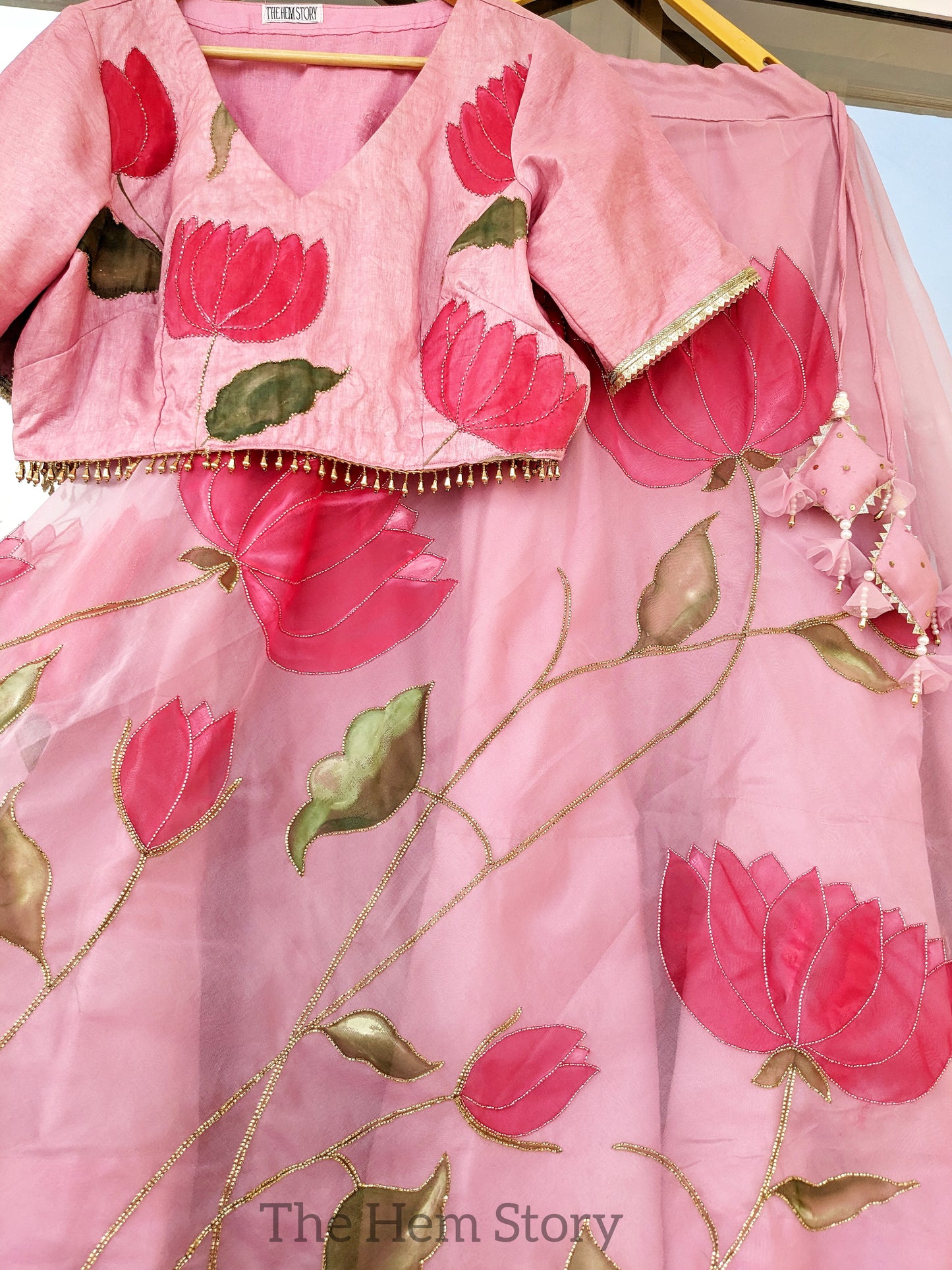 Powder Pink Lotus Handpainted Lehenga with Handwork