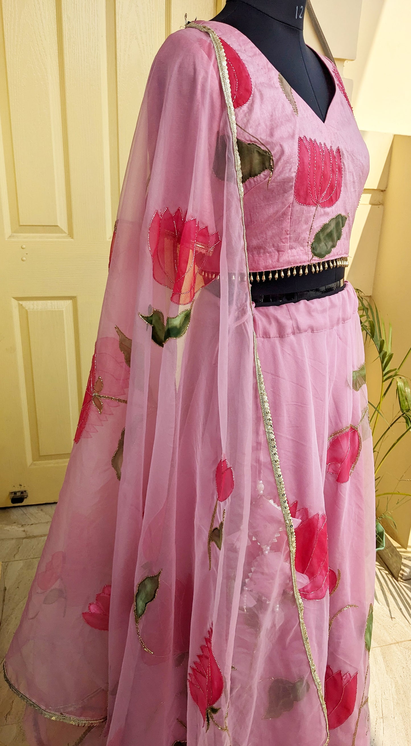 Powder Pink Lotus Handpainted Lehenga with Handwork