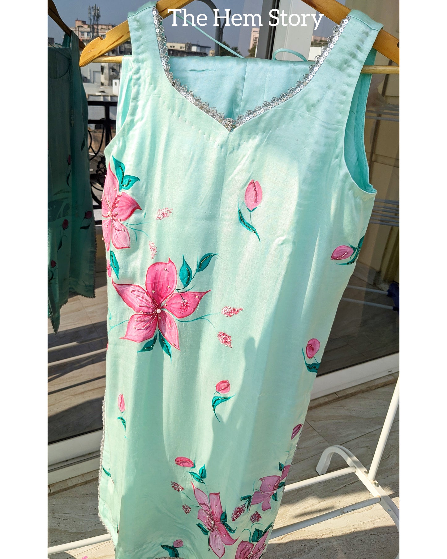 SUIT SETS- Aqua Green Handpainted Suit Set Enhanced With Handwork