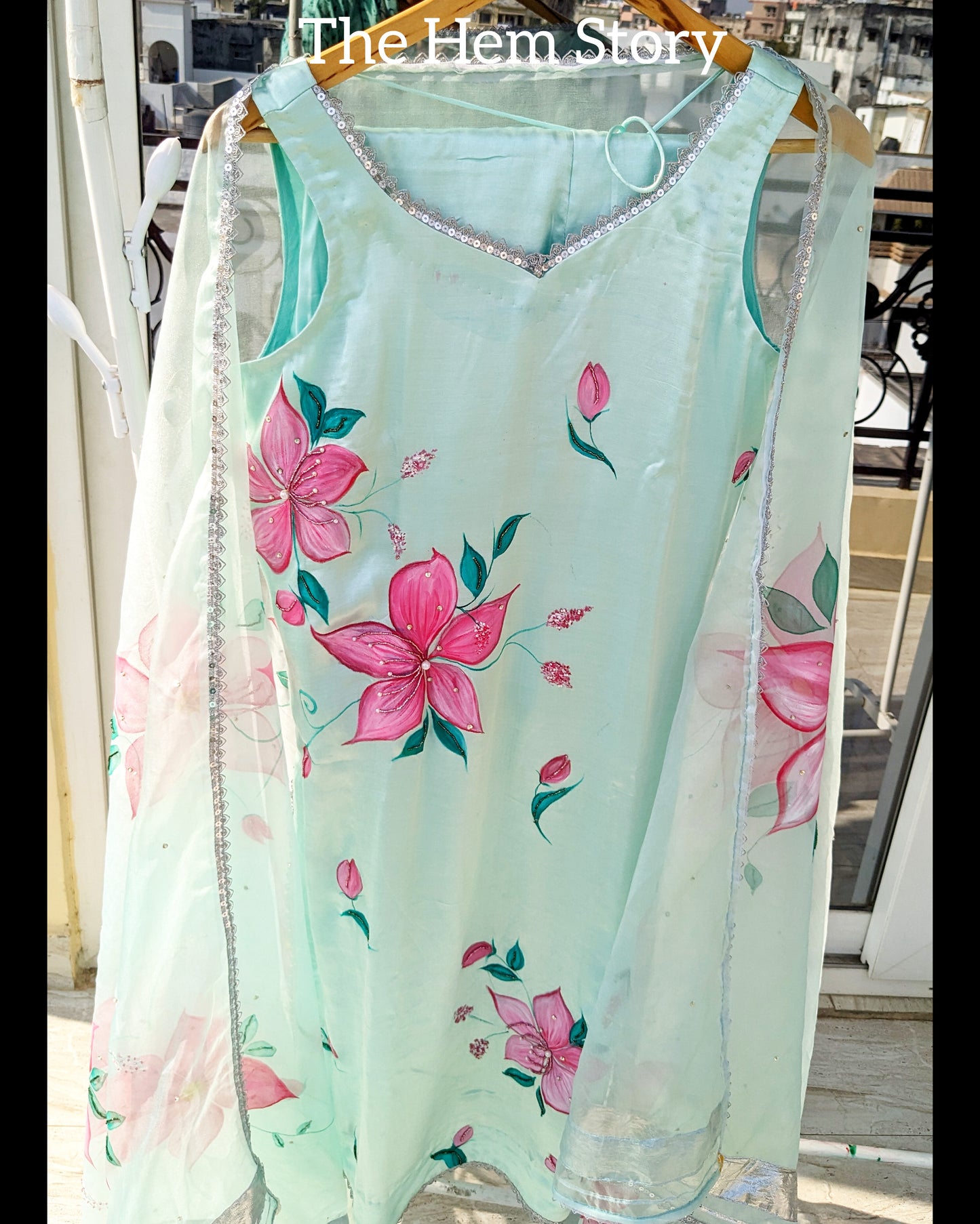 SUIT SETS- Aqua Green Handpainted Suit Set Enhanced With Handwork