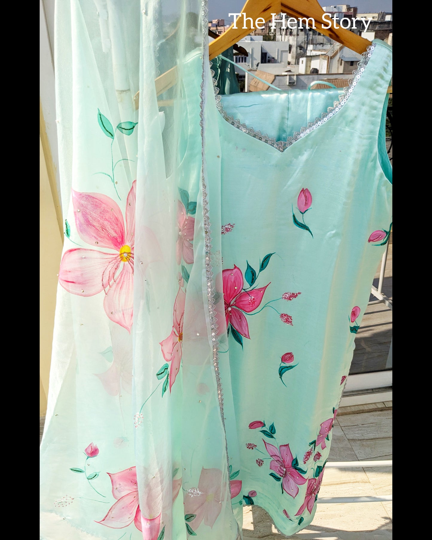 SUIT SETS- Aqua Green Handpainted Suit Set Enhanced With Handwork