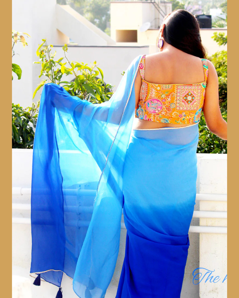 JASHN- Blue Ombre Saree With Yellow Embellished Blouse