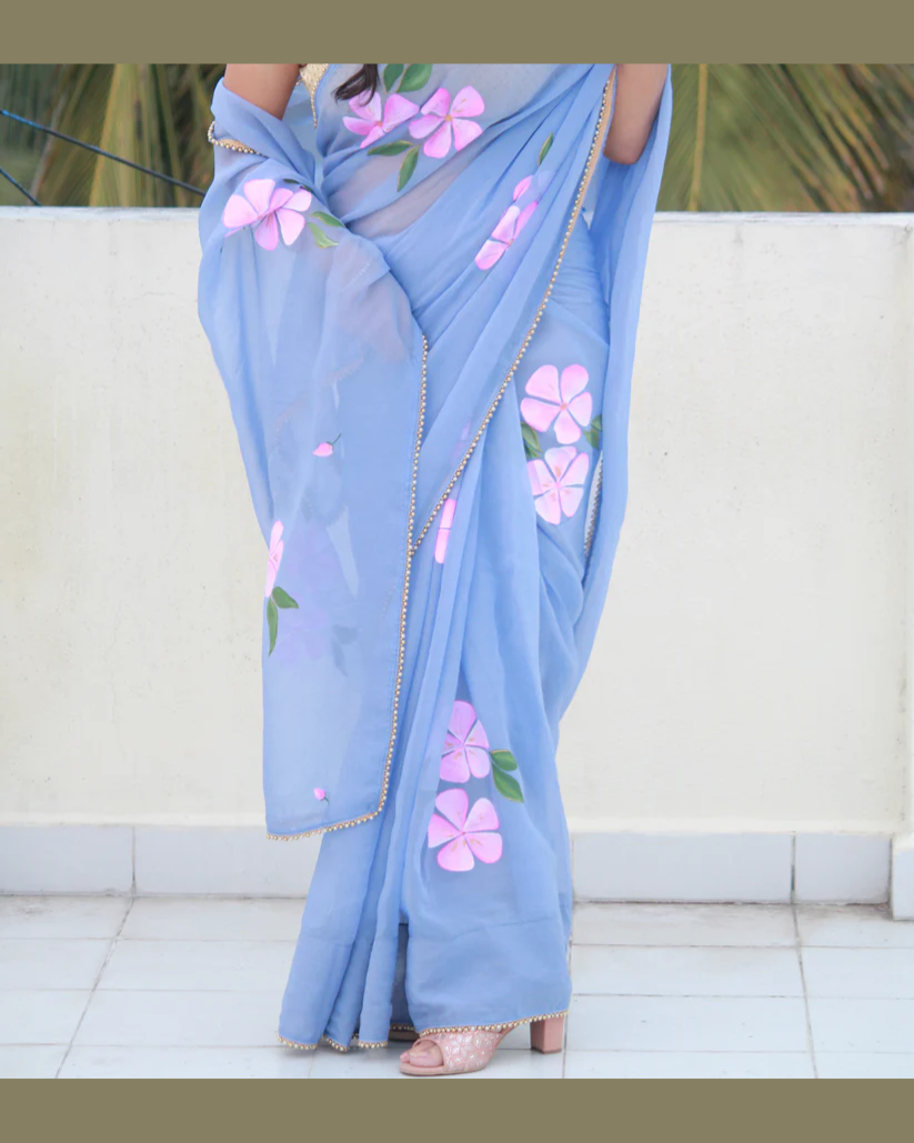 CHITRAKARI- Powder Blue Handpainted Organza Saree Enhanced with Pearl Borders