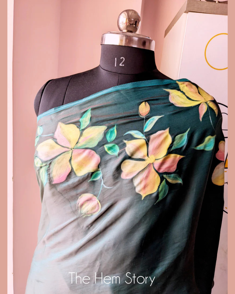 CHITRAKARI- Teal Handpainted Cross Thread Silk Saree