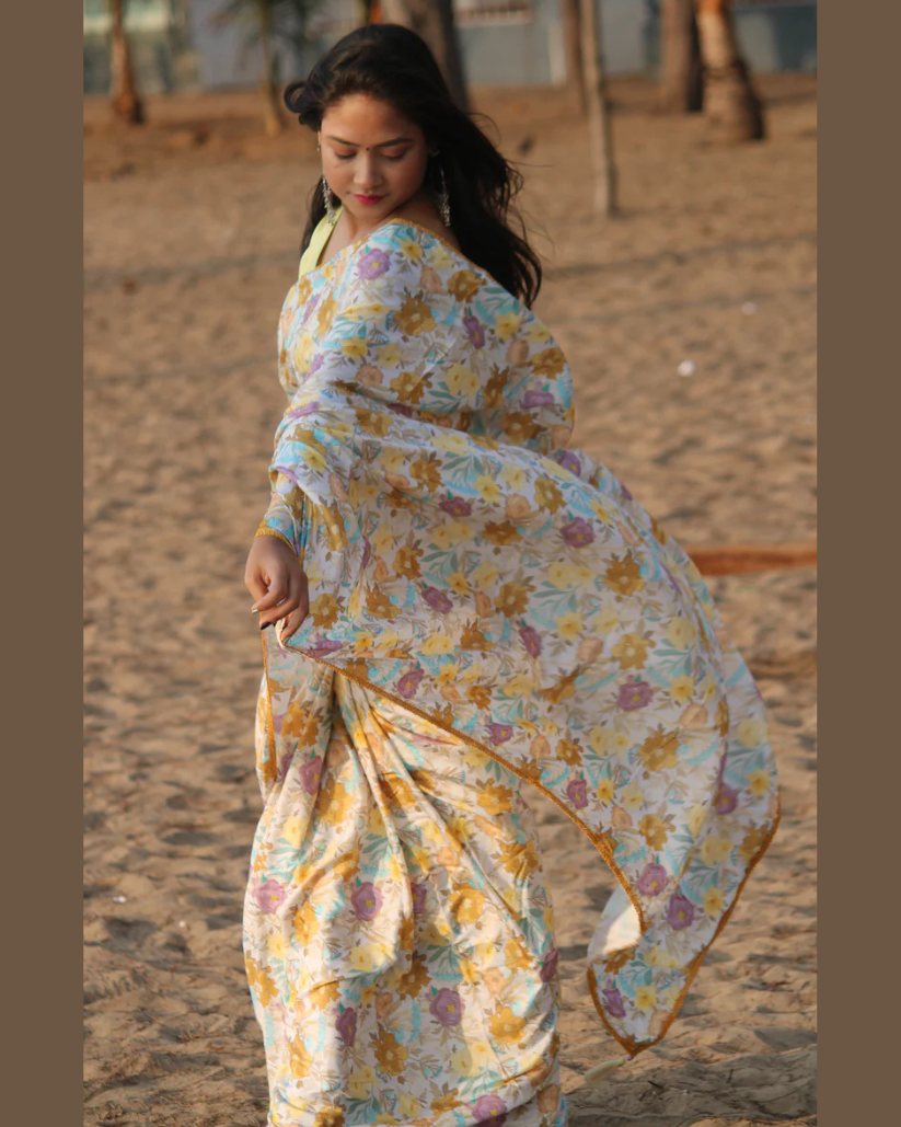FIZA- Yellow Chinon Silk Floral Saree