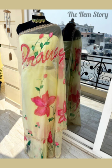 CHITRAKARI -Custom Name Handpainted Saree with Pearl Handwork Detailings