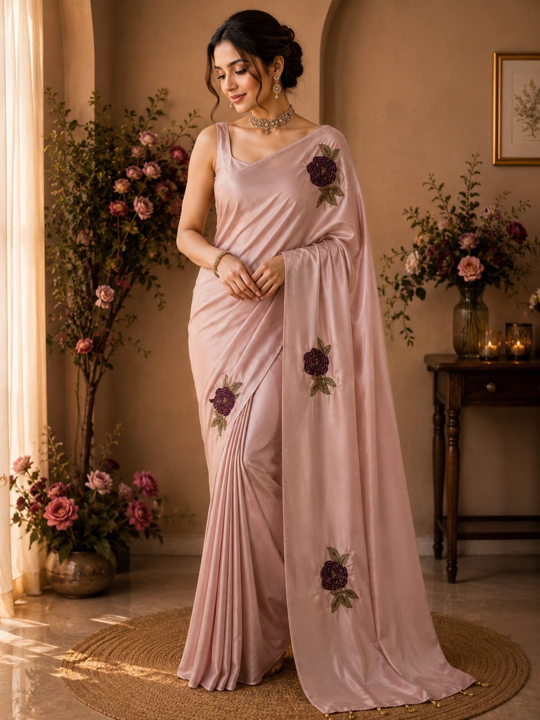 Blush Pink Rose Handembroidered Saree