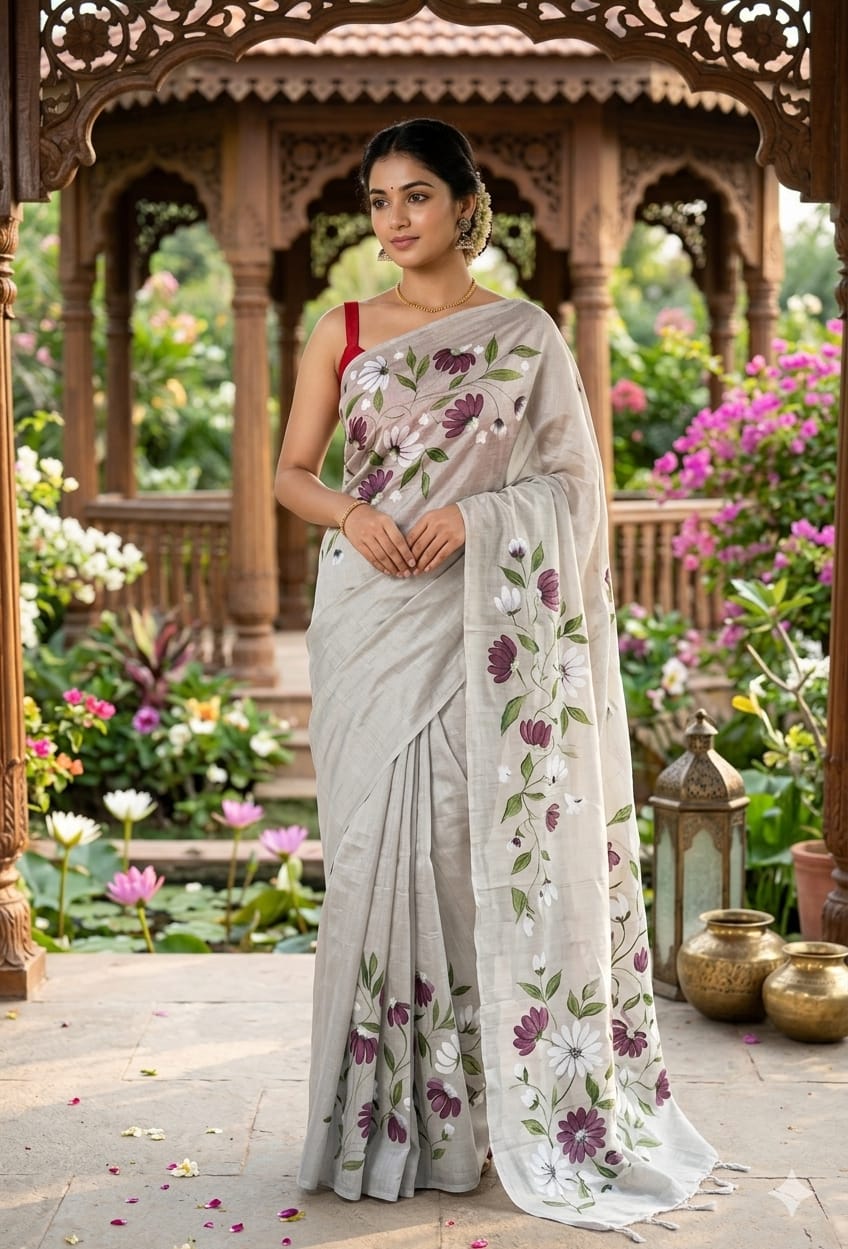 Silver Soft Tissue Handpainted Saree