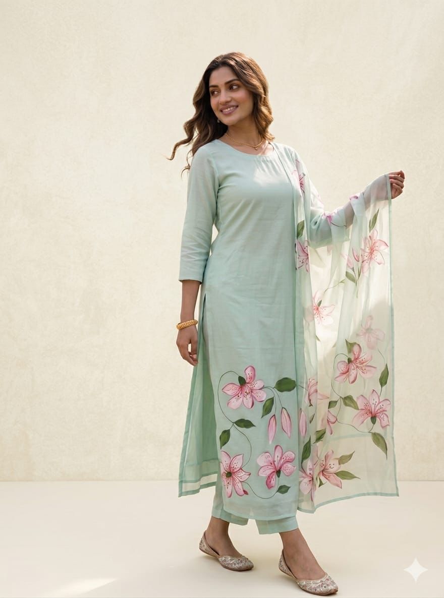 Sea Green Handpainted Mul Chanderi Suit set