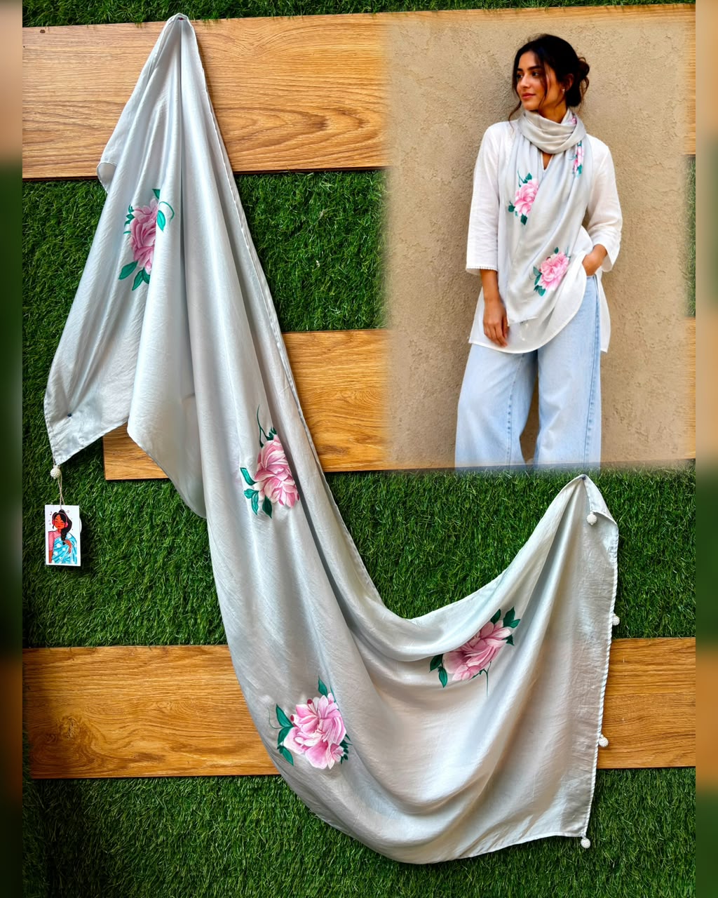Handpainted Grey Silk Scarf