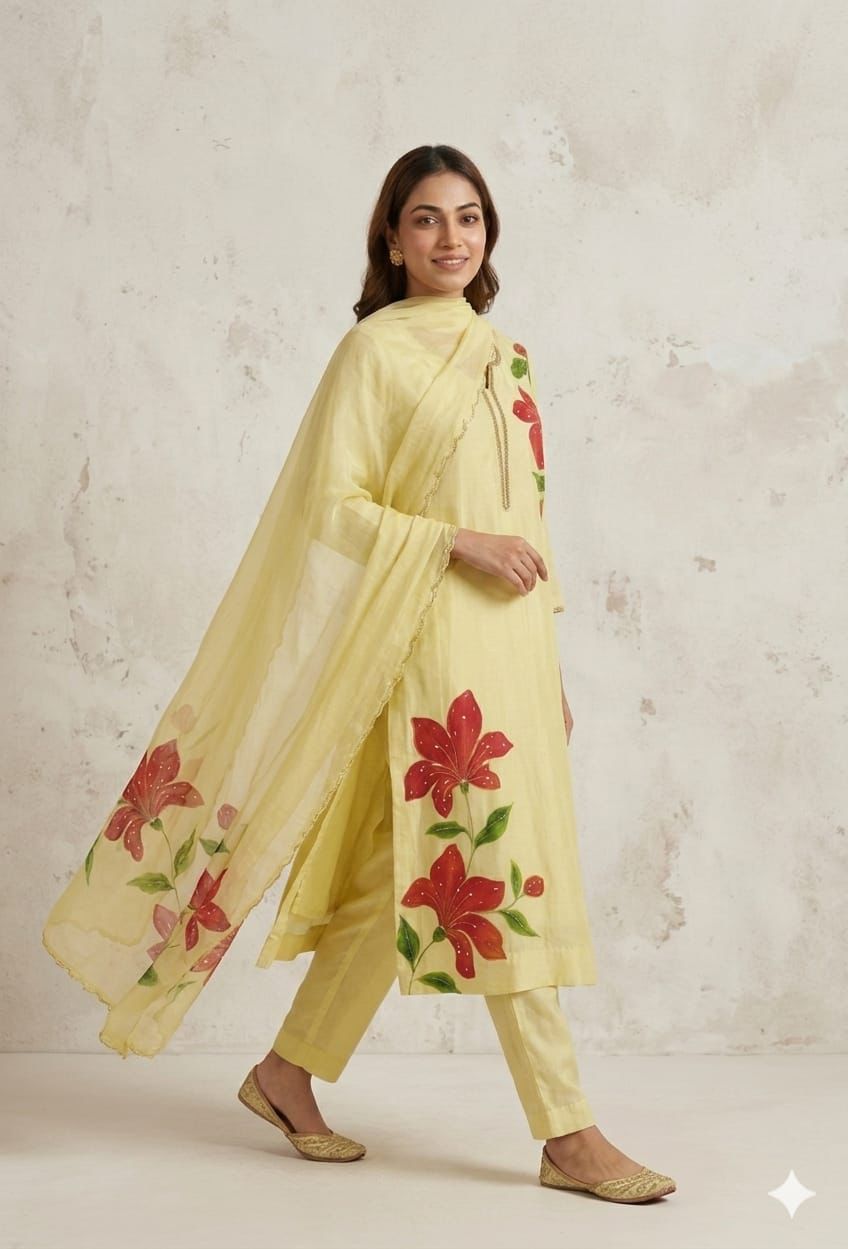 Yellow Mul Chanderi Handpainted Suit Set with Handwork