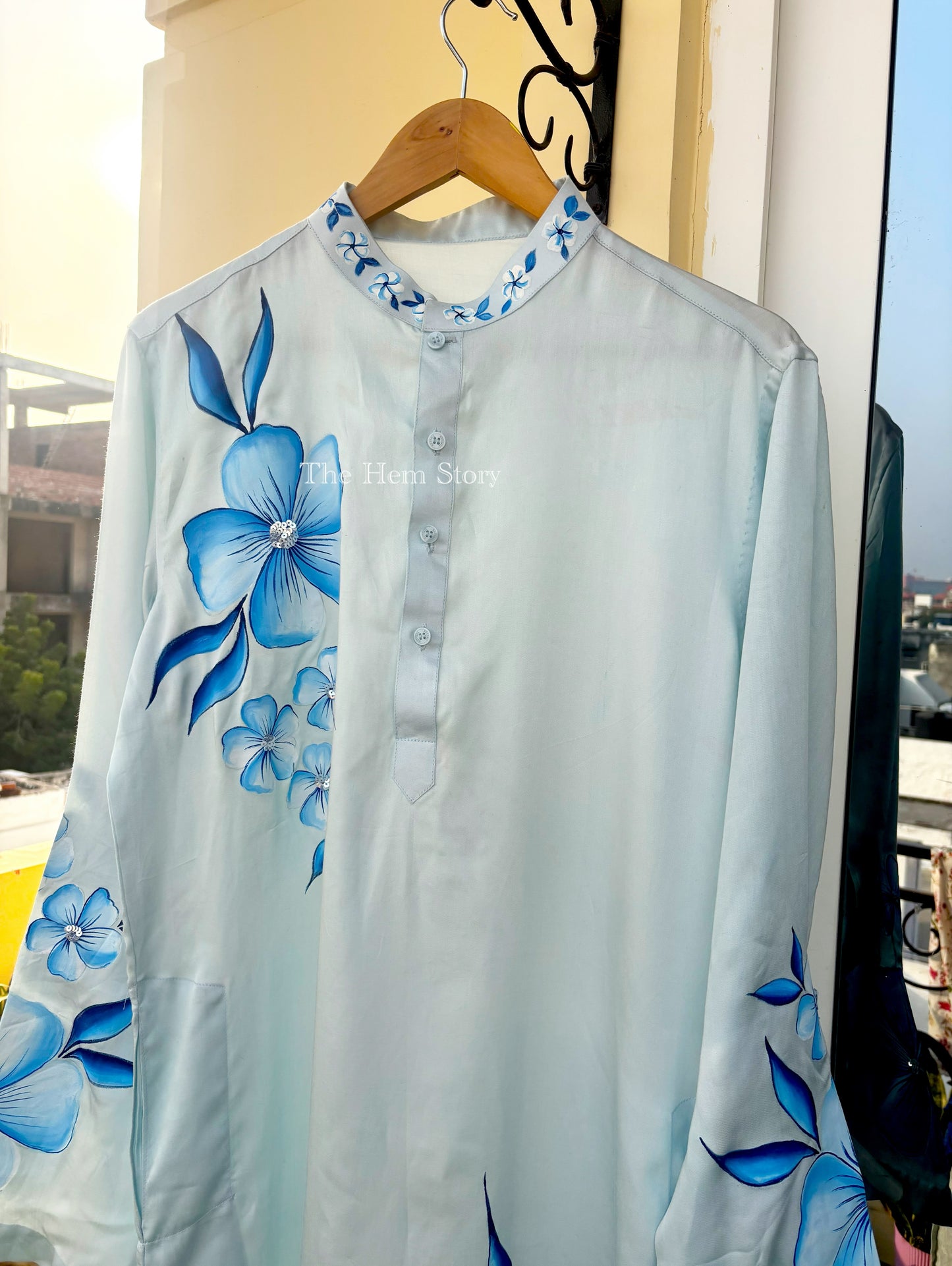 Men's Handpainted Kurta in Powder Blue