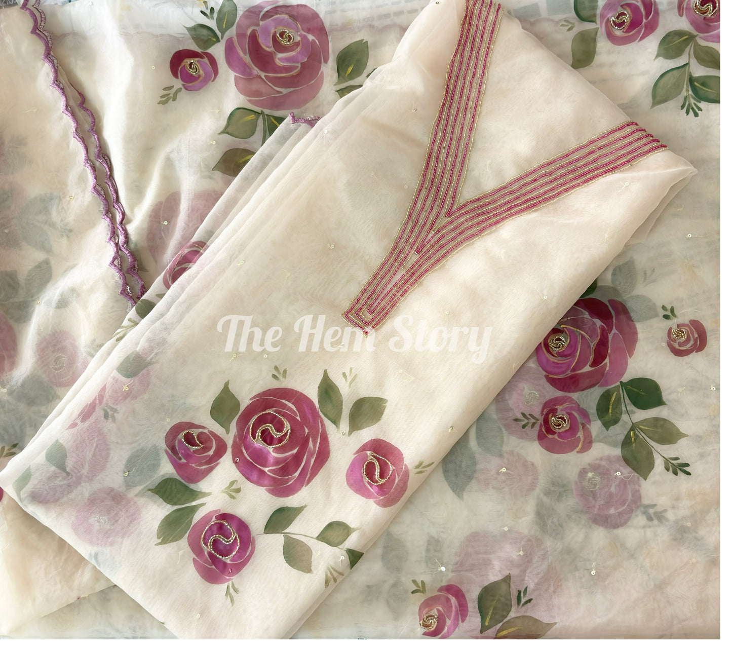 SUIT SET- Rose Handpainted Suit Material with Handwork