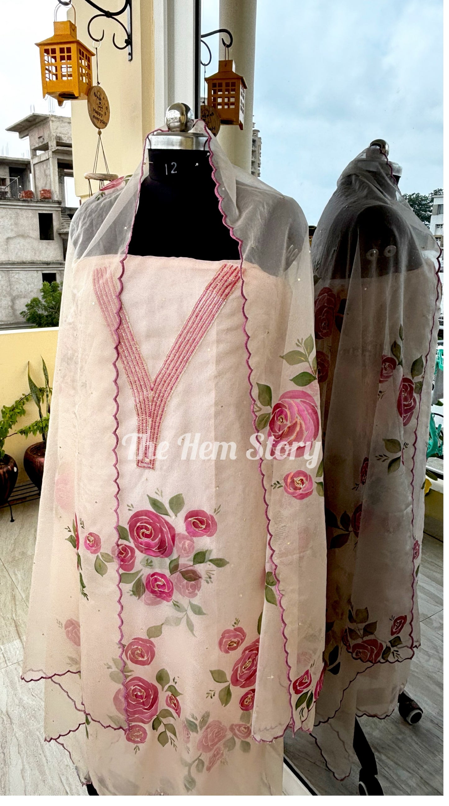 SUIT SET- Rose Handpainted Suit Material with Handwork