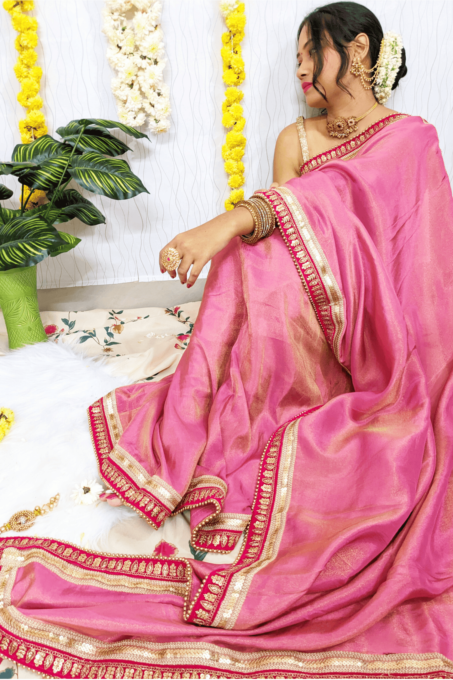 NOOR- Rose Pink Soft Tissue Saree with Intricate Zari Work Borders