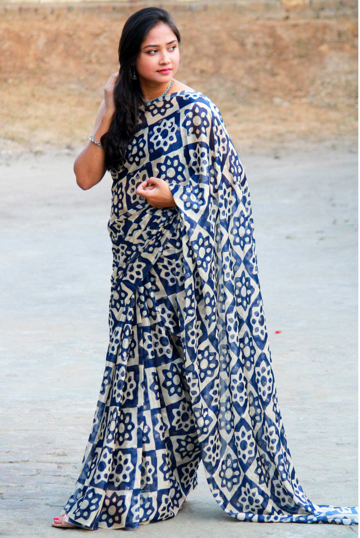 FIZA-Indigo Sequins Work Chinon Silk Saree