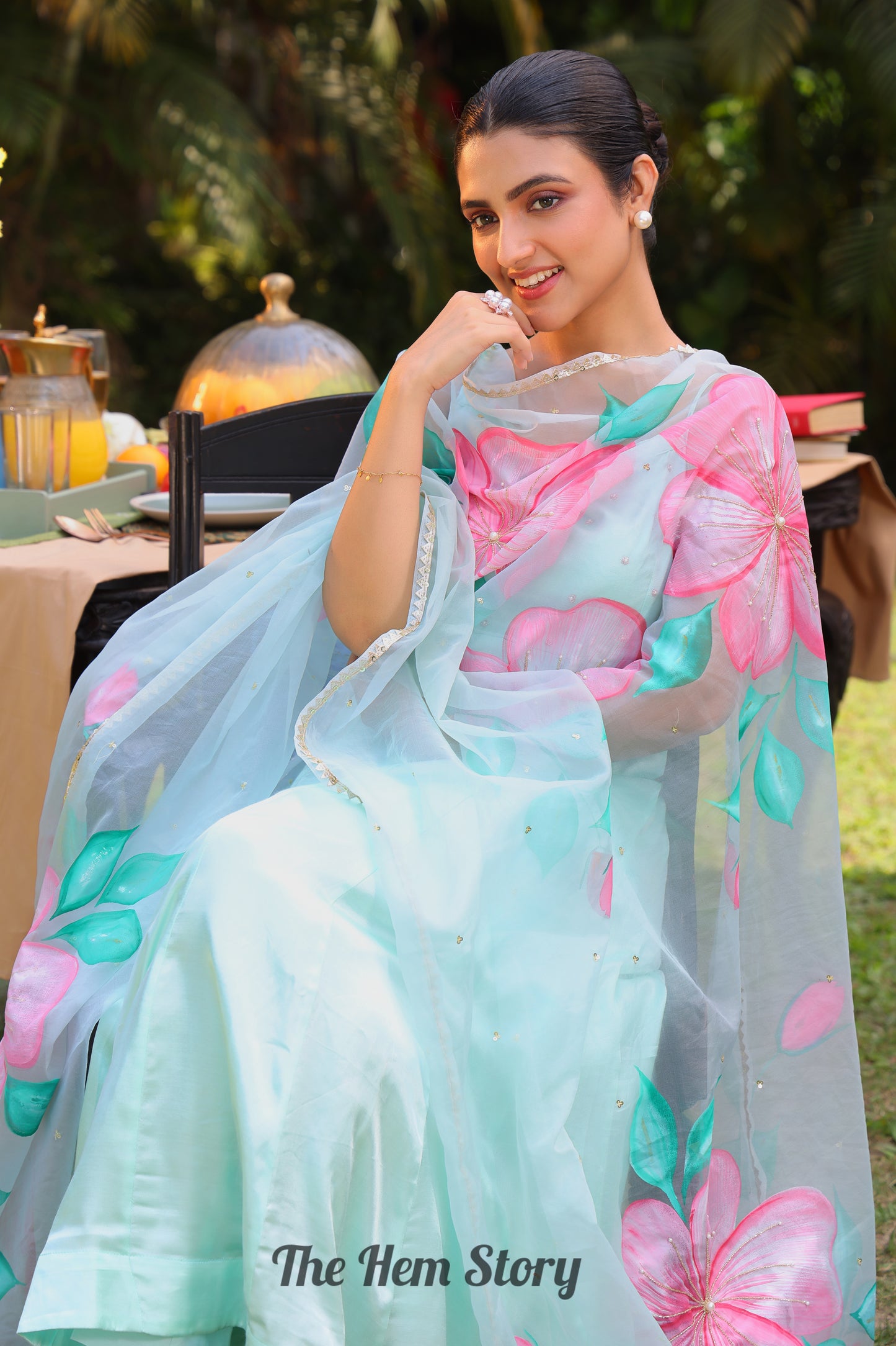 Aqua Green Handpainted Anarkali Suit Set Enhanced With Handwork
